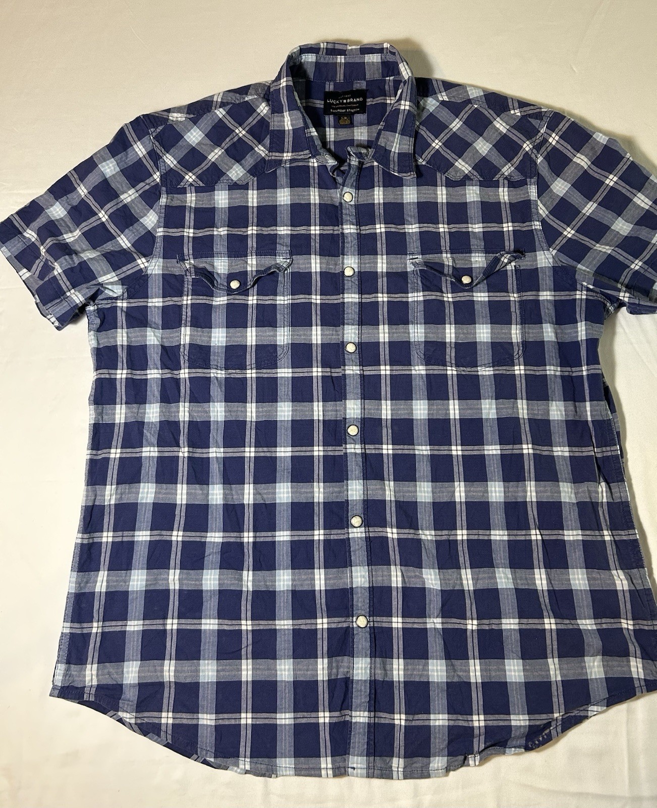 Lucky Brand Mens Short Sleeve Blue Western Pearl Snap Saturday Stretch Sz Large