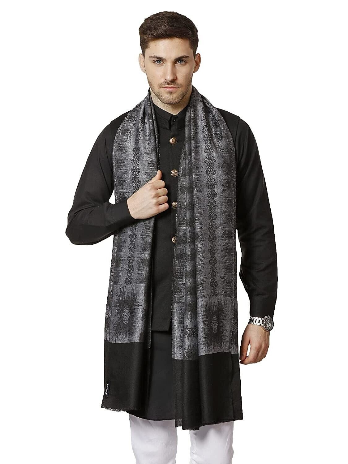 Mens Kashmiri Fine Wool Ikkat Design Stole Shawl Wrap Black and Grey