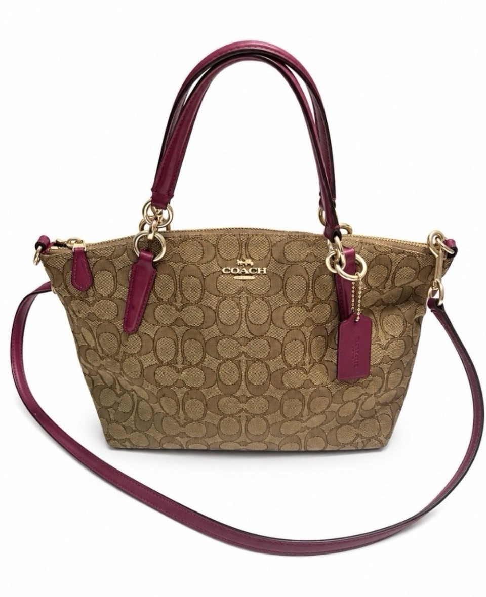 Coach Kelsey Signature Monogram C Canvas Khaki & Fuchsia Leather Trim Bag