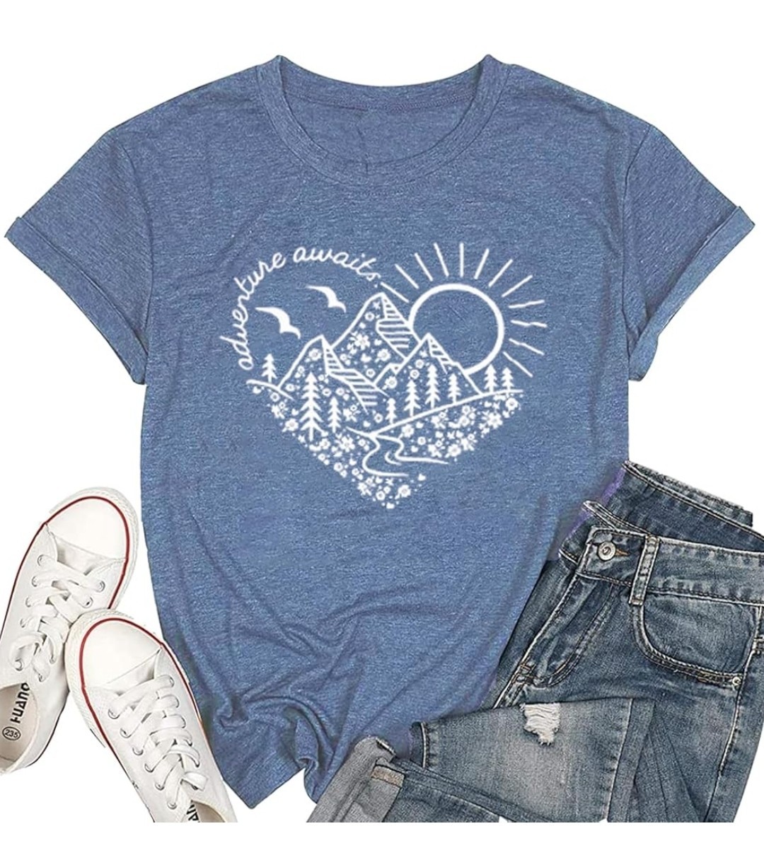 Adventure Awaits T-Shirt Women Outdoor Graphic Tee Shirt Nature Hiking…