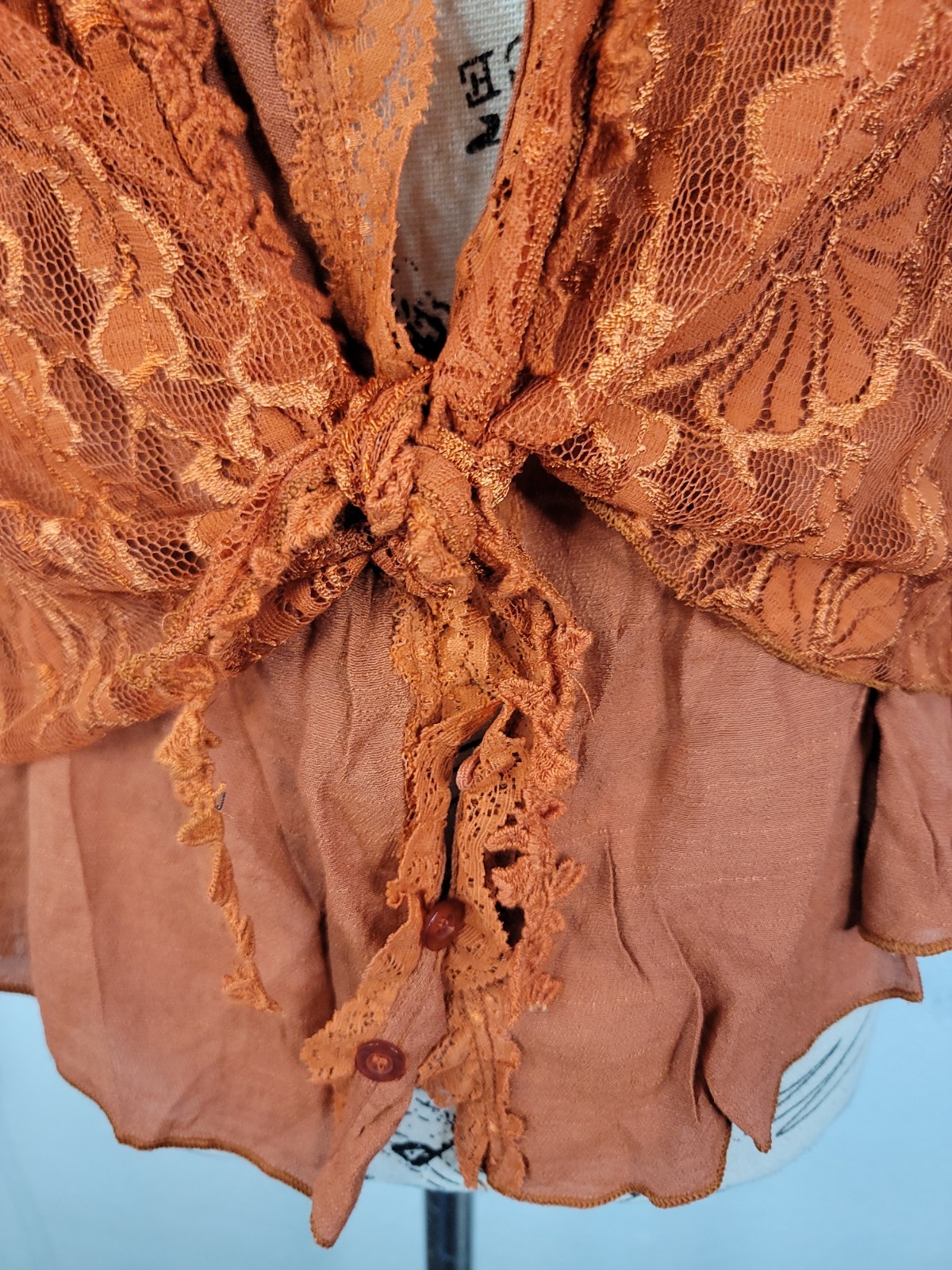 NWT Pretty Angel Top Sz Medium Lace Overlaid Semi Sheer Orange Rust Boho Sheer
