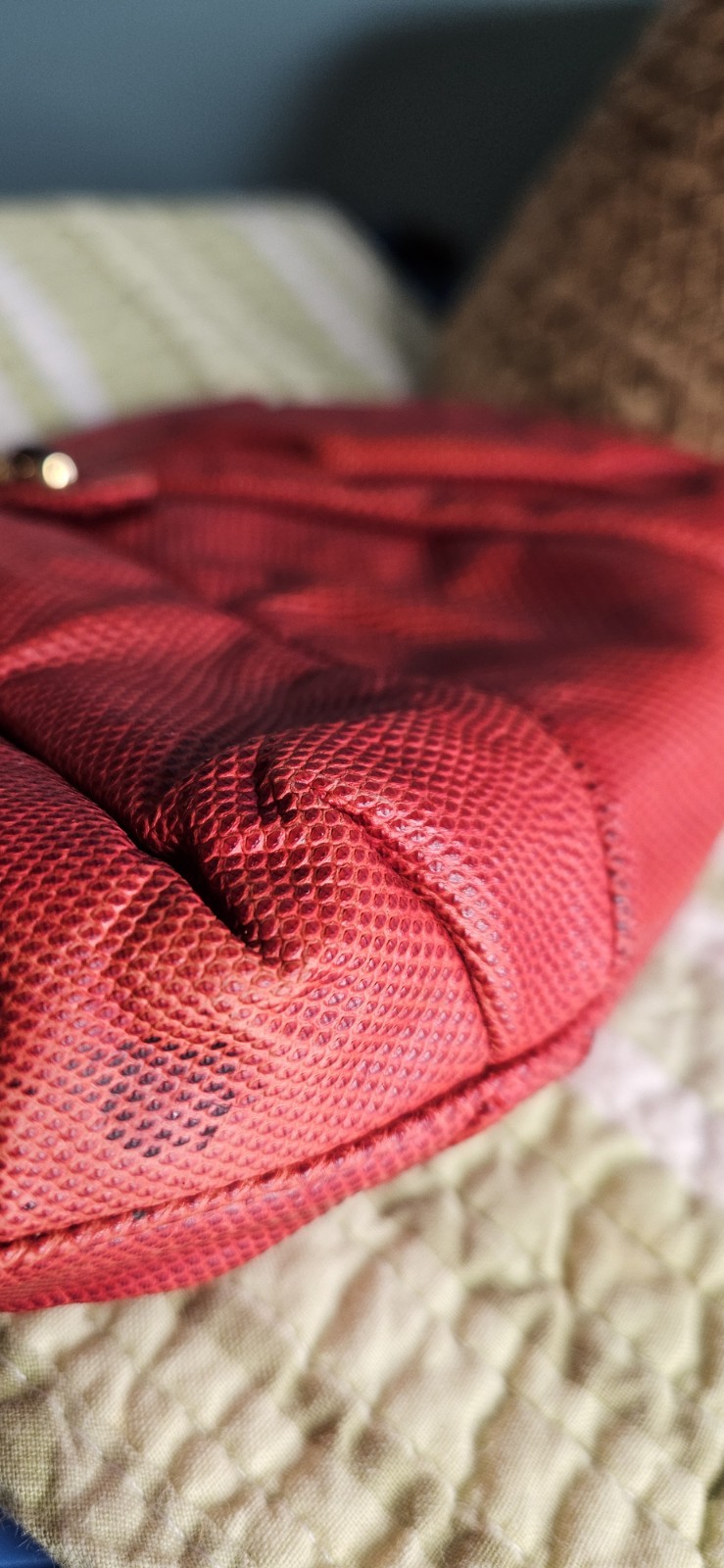 Judith Leiber Red Textured Pleated Clutch Gem Accent Clasp Gold Strap