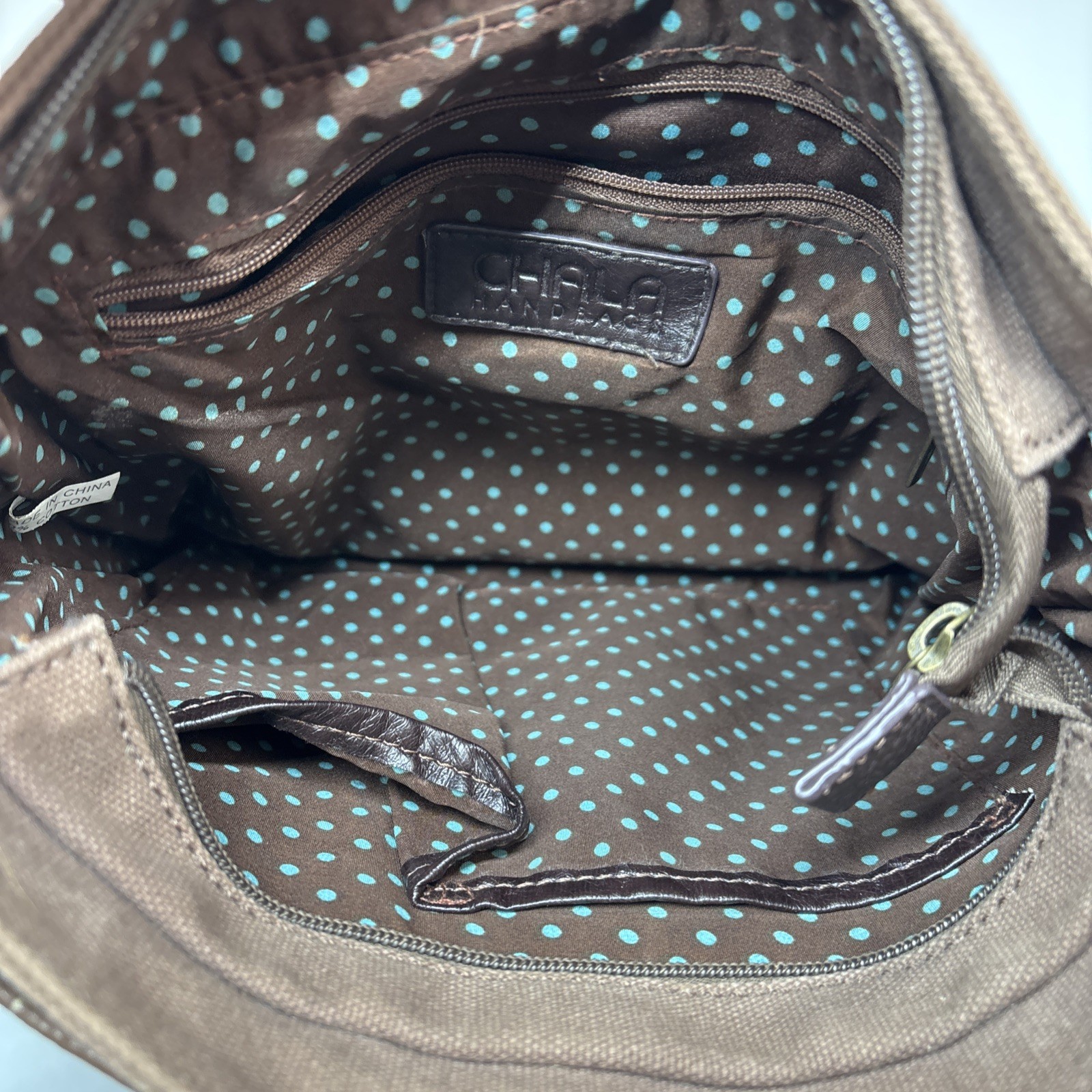 Chala Fox Deluxe Messenger Bag Brown Crossbody faux leather & canvas, Pockets!