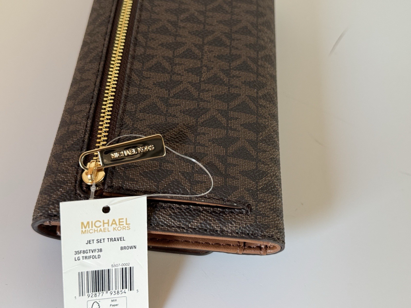 MICHAEL KORS JET SET TRAVEL LARGE TRIFOLD PVC LEATHER WALLET MK BROWN
