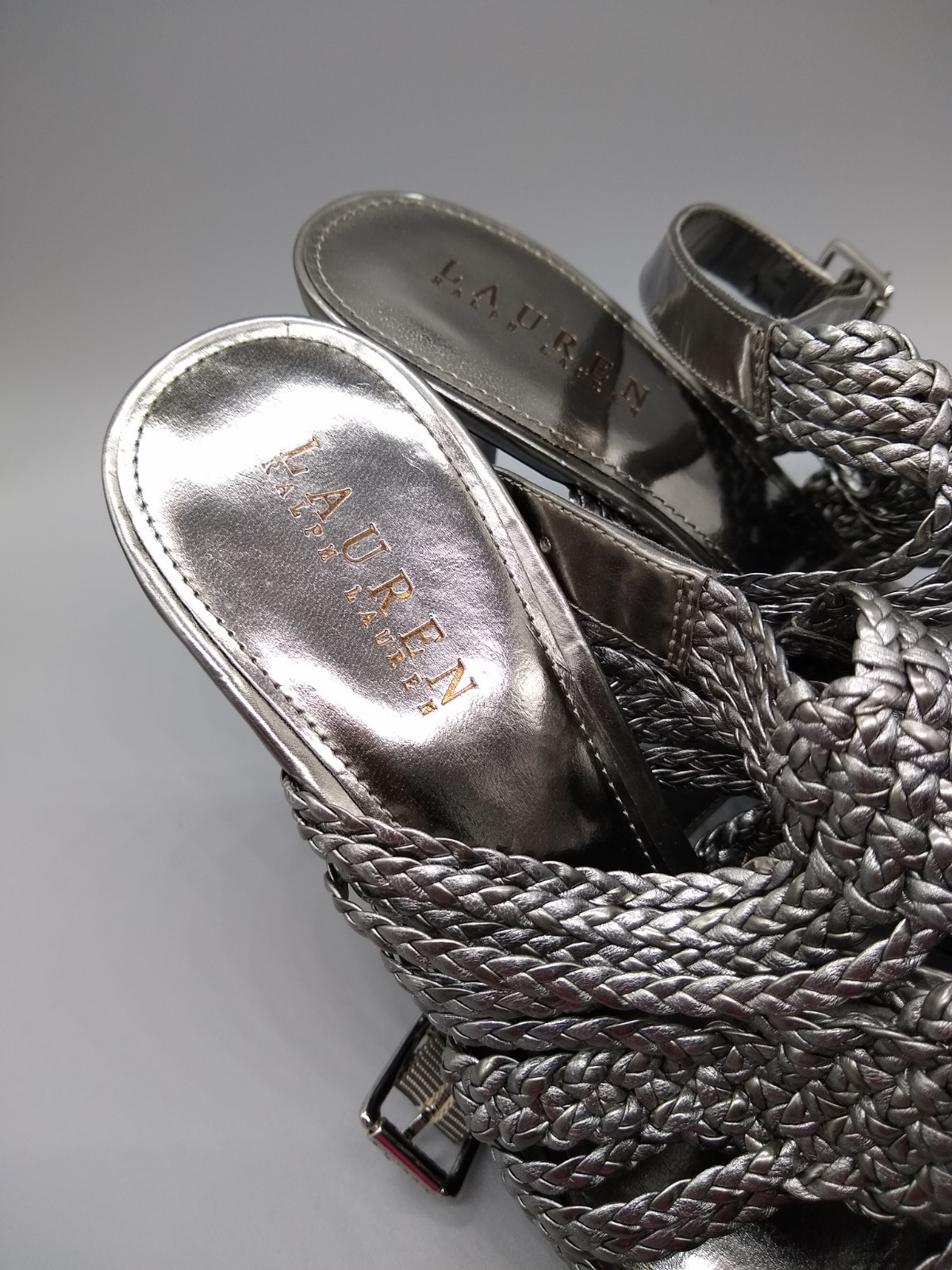 Ralph Lauren Silver Leather Braided High Heel Sandals Size 9B