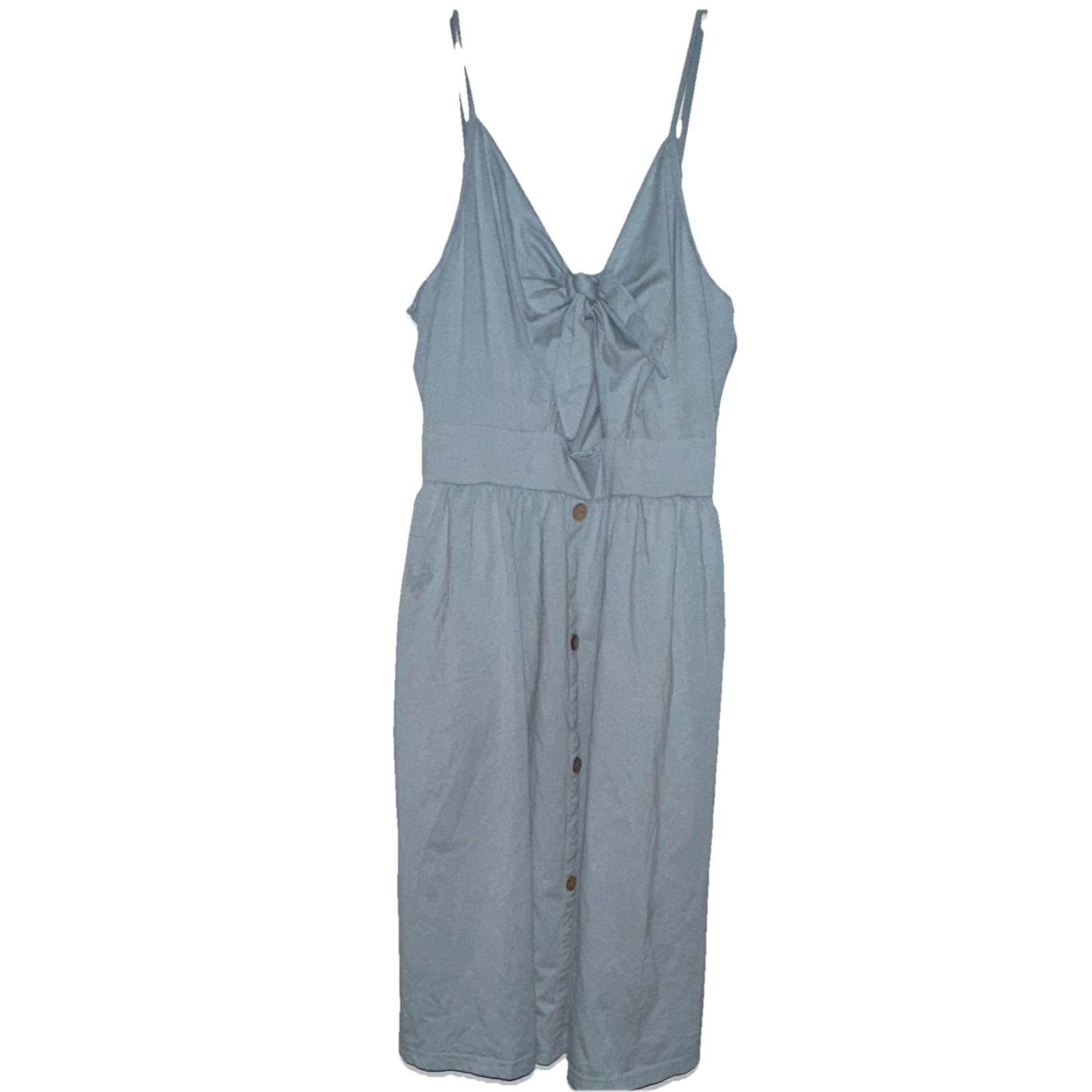 SheIn Women’s Blue Solid Fit & Flare Midi V-Neck Strappy Button Bow Pockets M