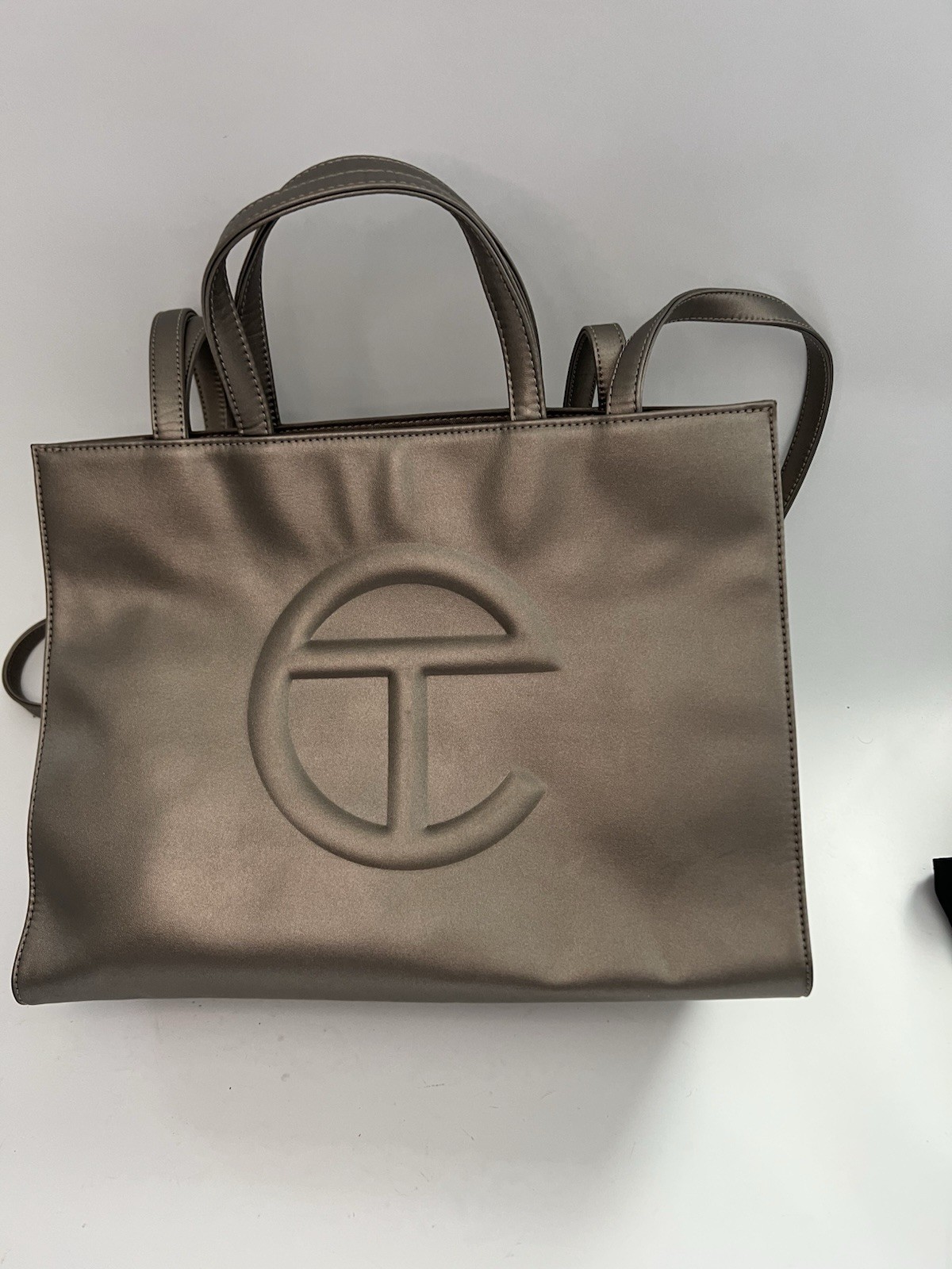Authentic Telfar Medium Shopping Bag Bronze Metallic Vegan Leather Tote Dust Bag