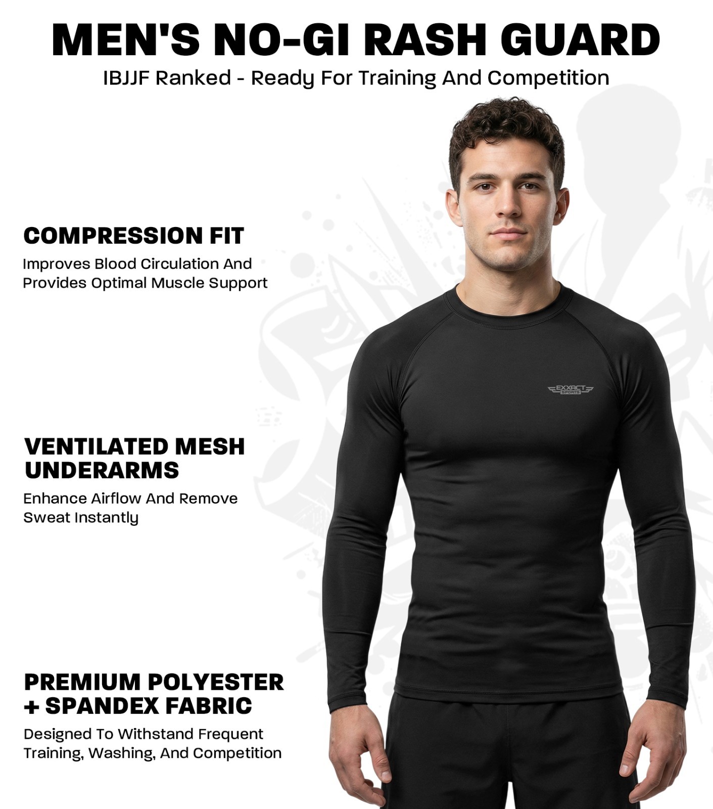 Exxact Sports Mens BJJ Rash Guard Jiu Jitsu Full Sleeve, Ranked Compression