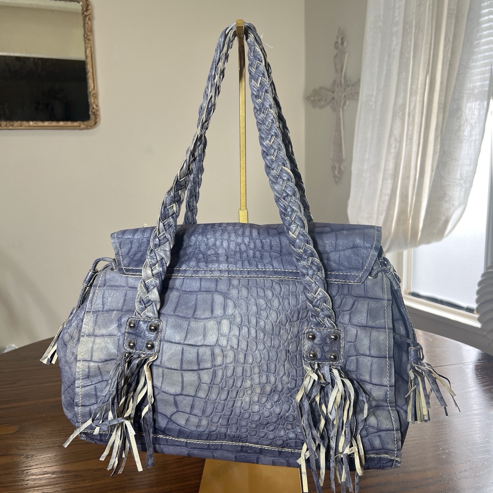 Italian Leather Western Boho Fringe Braccialini Satchel Shoulder Bag