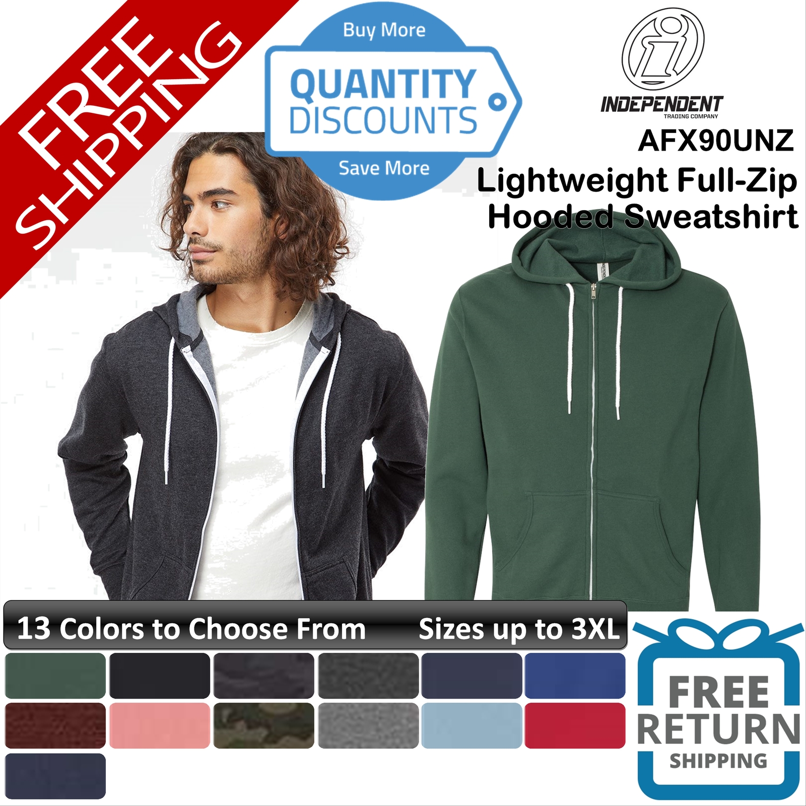 Independent Trading Men Lightweight Full-zip Hooded Sweatshirt Upto 3XL Afx90unz