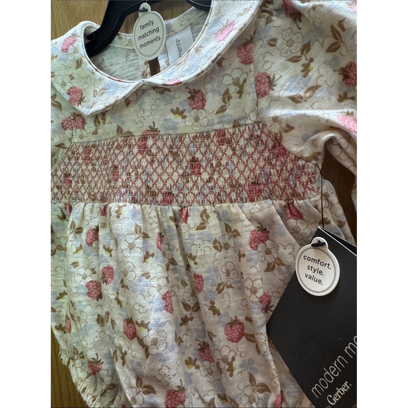 Gerber Cream Floral Smocked Baby One-Piece Bodysuit