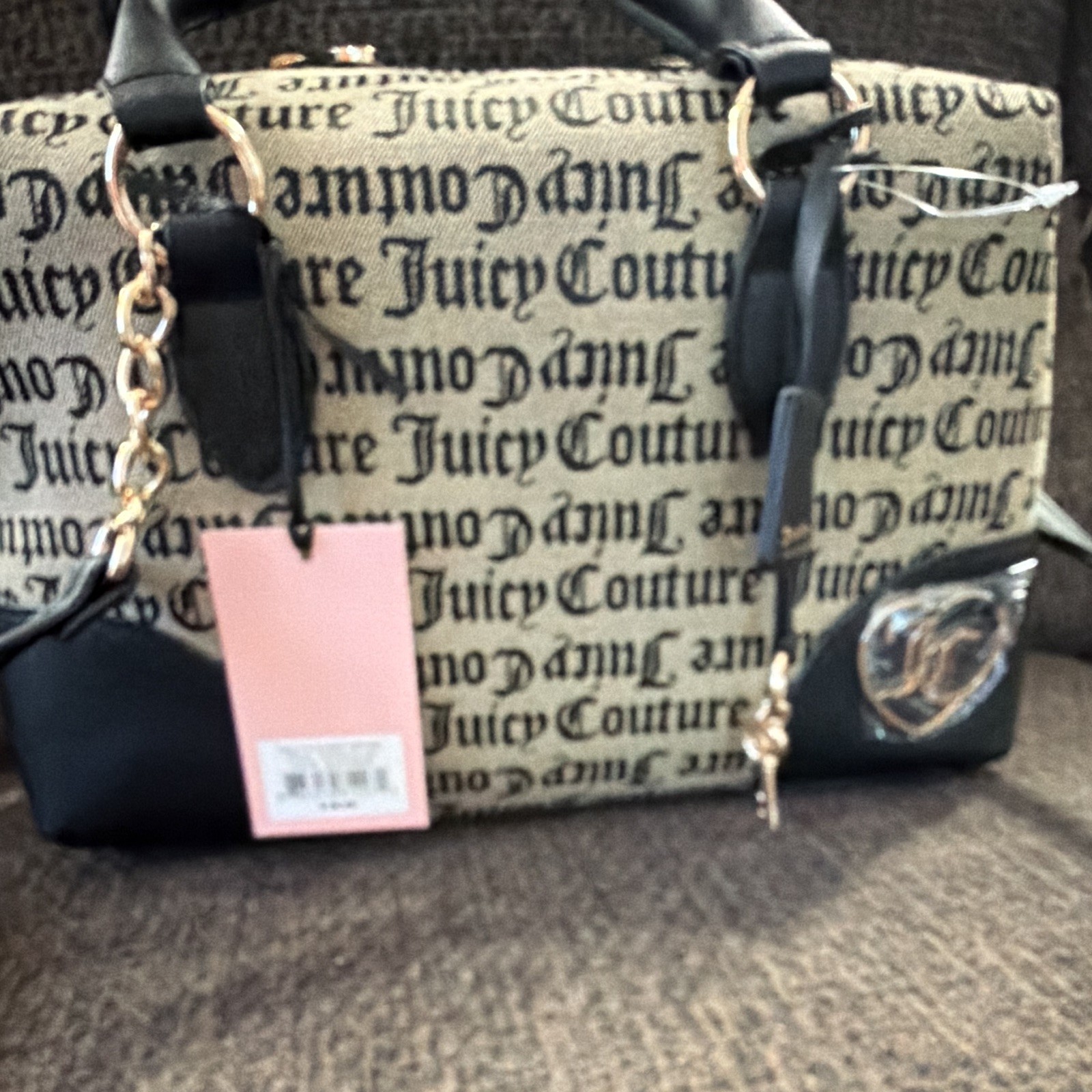 Juicy Couture Beige/Black Logo Satchel Top Handle Zip Bag w/ Detachable Strap