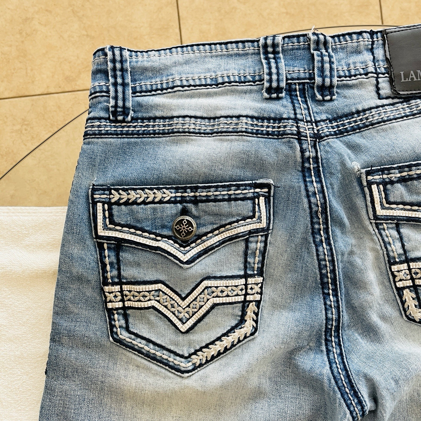 Lamasini Mens Denim Stretch Bootcut Blue Jeans 30/30