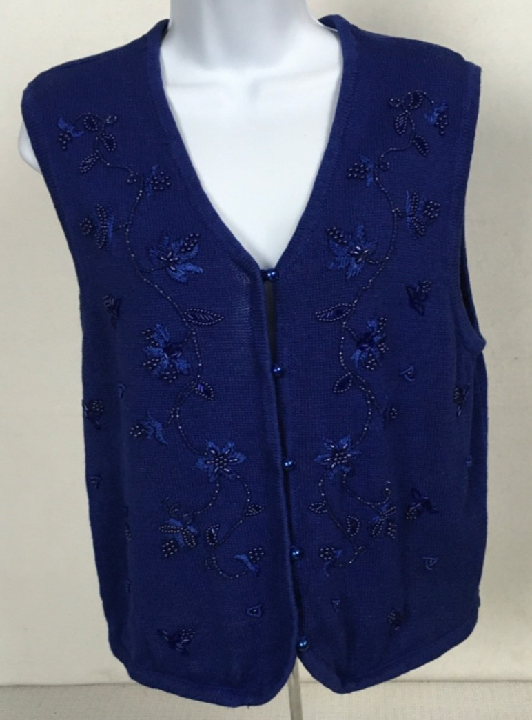 Requirements Sweater Vest Women Size L Royal Blue V neck Button Up Beading New
