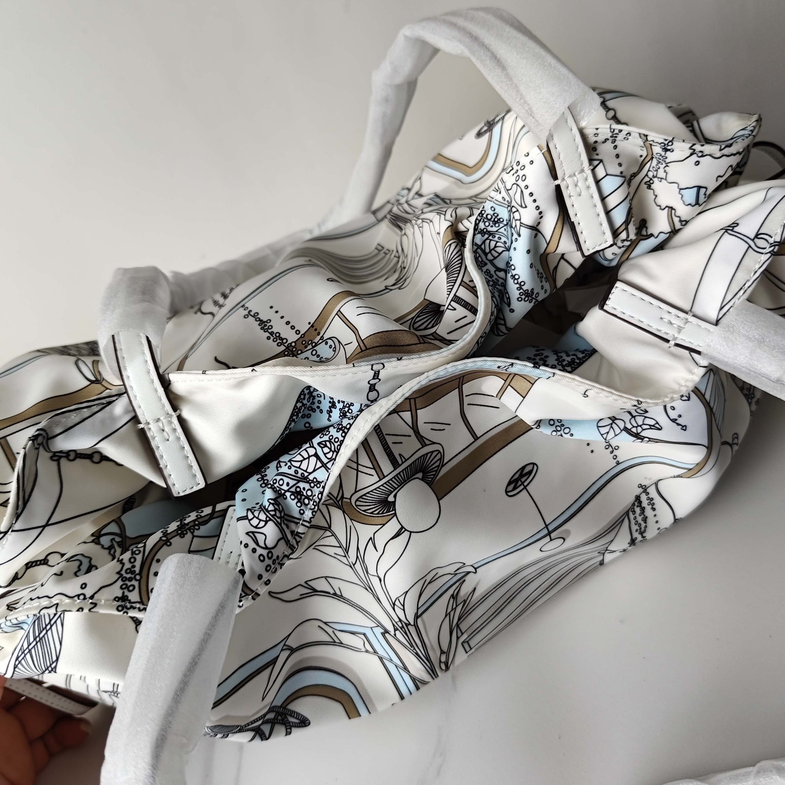 NWT Ella Printed Coated Canvas Drawstring Small Tote Shoulder Bag White
