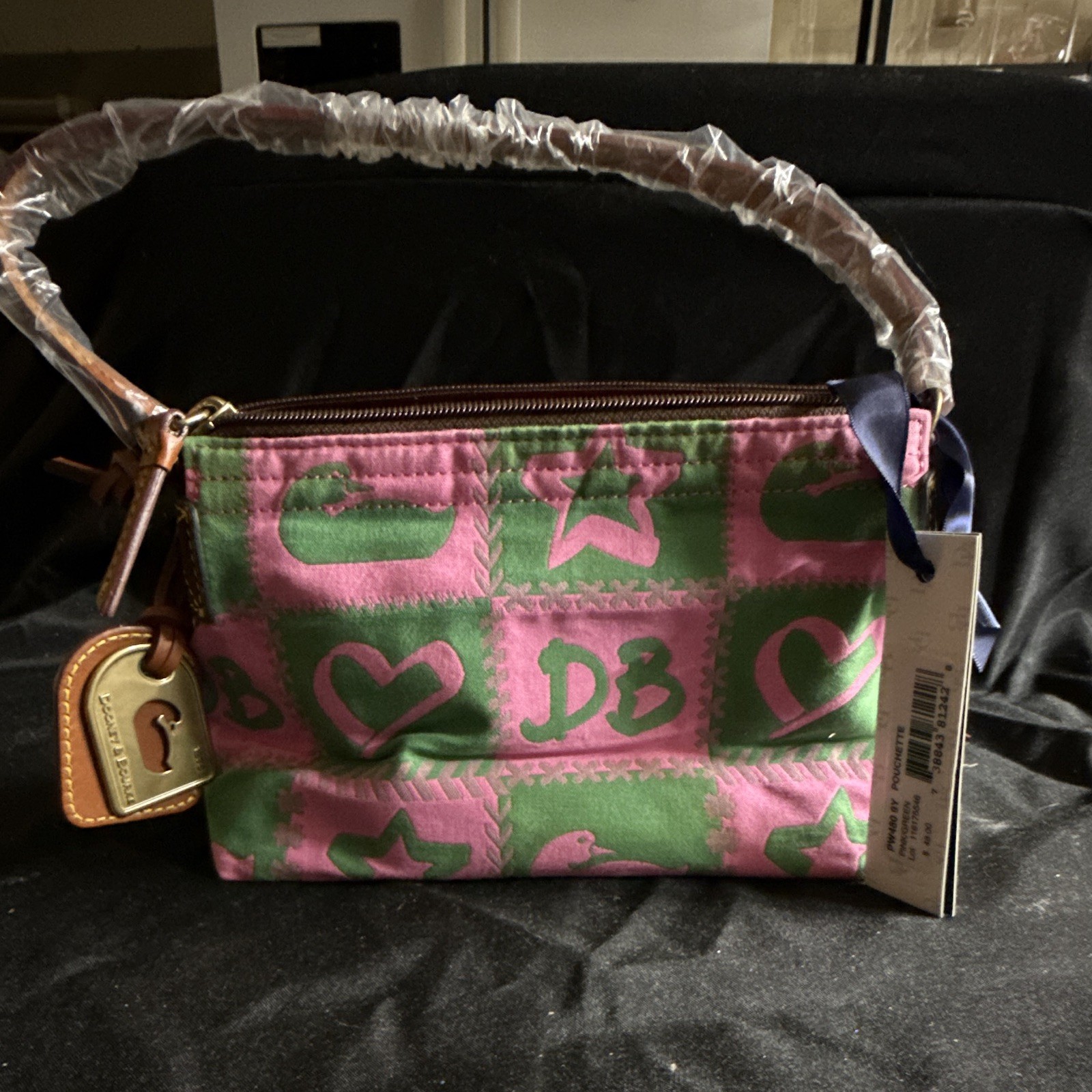 Dooney & Bourke Pink Green Logo Top Handle Zip Bag Lined Pockets Gold