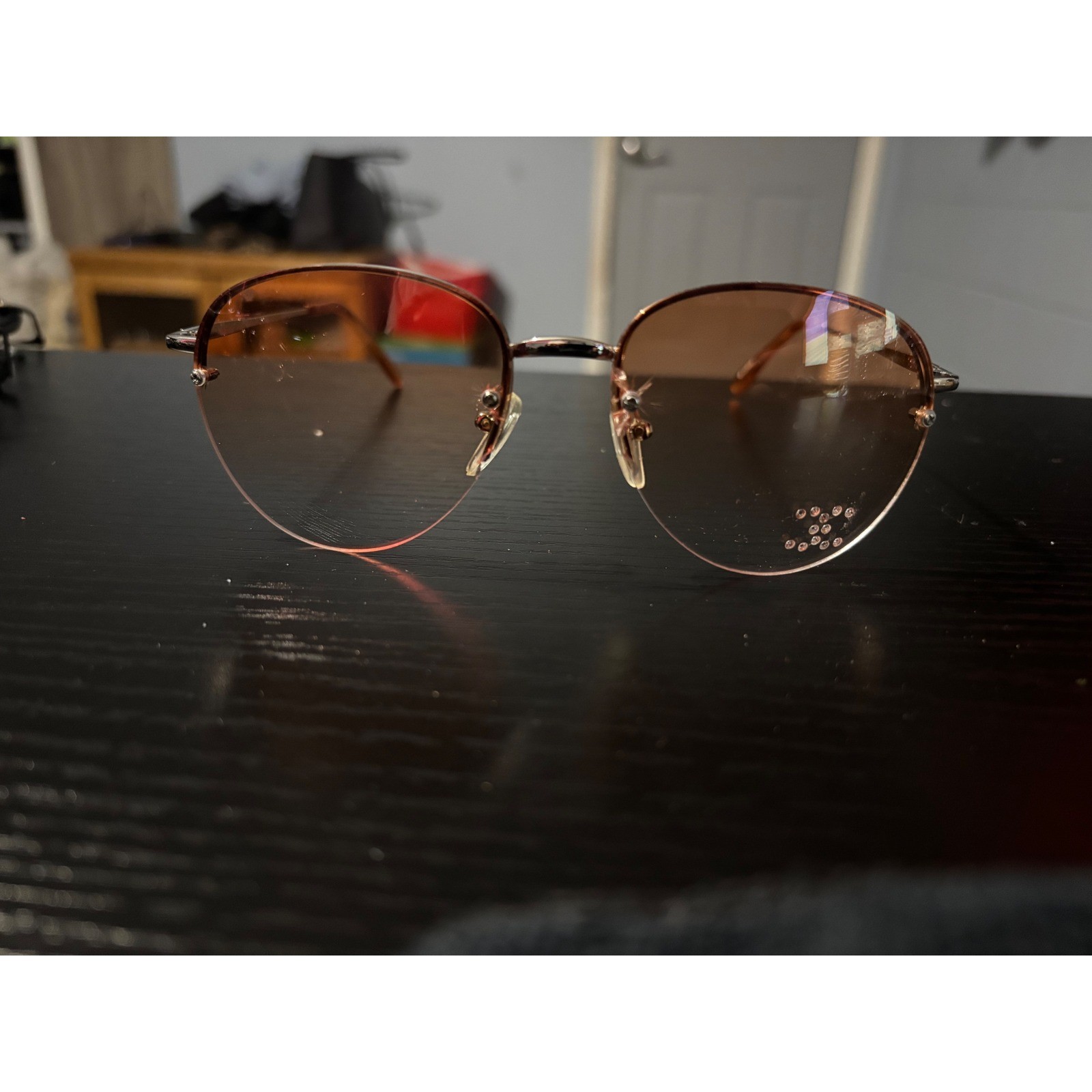Vintage Style Rimless Round Sunglasses Gold Tone Rhinestone Detail Brown Lenses
