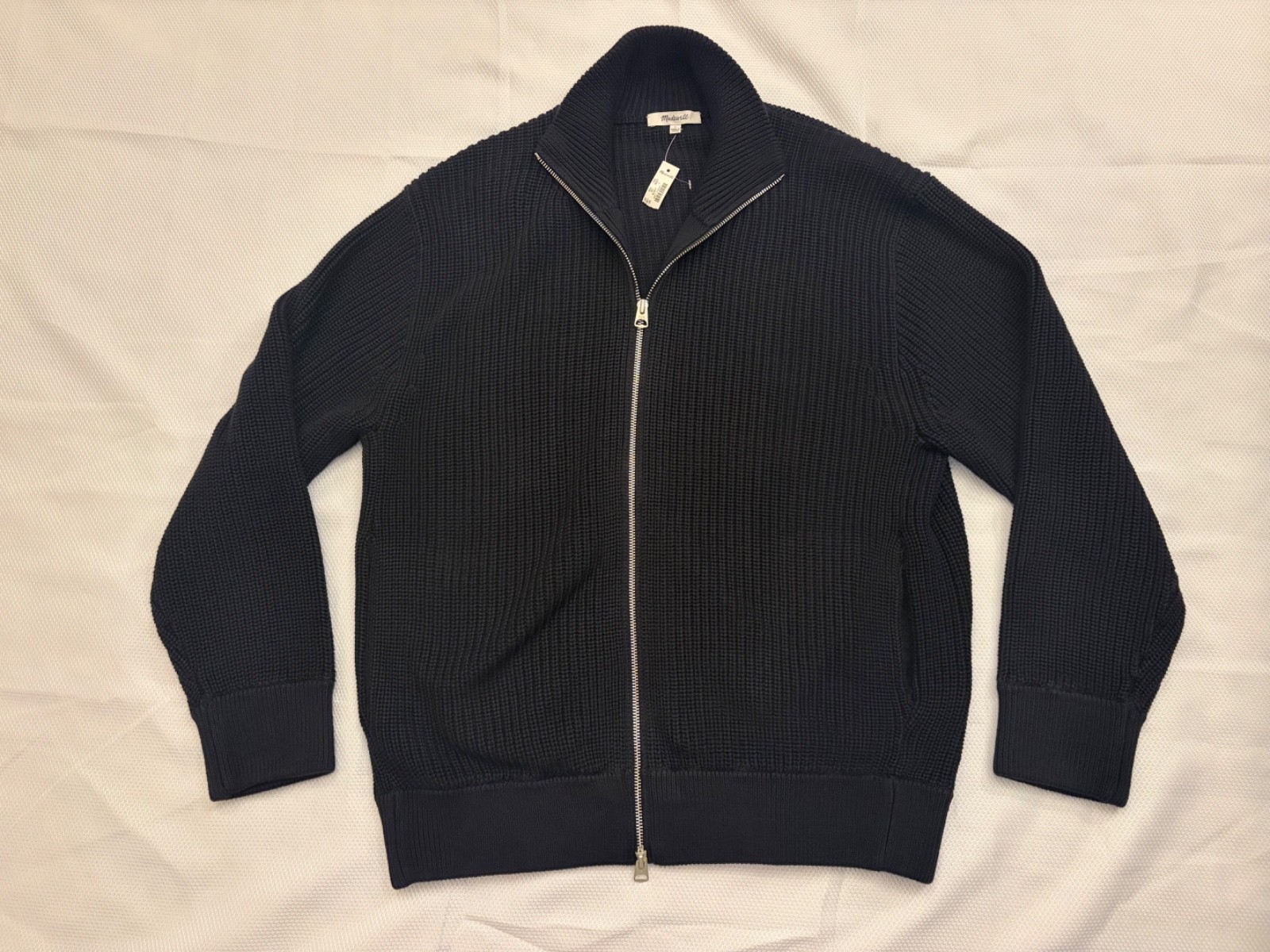 Madewell men’s Cotton Shaker-Stitch Full-Zip Sweater, Obsidian Blue, Size Large