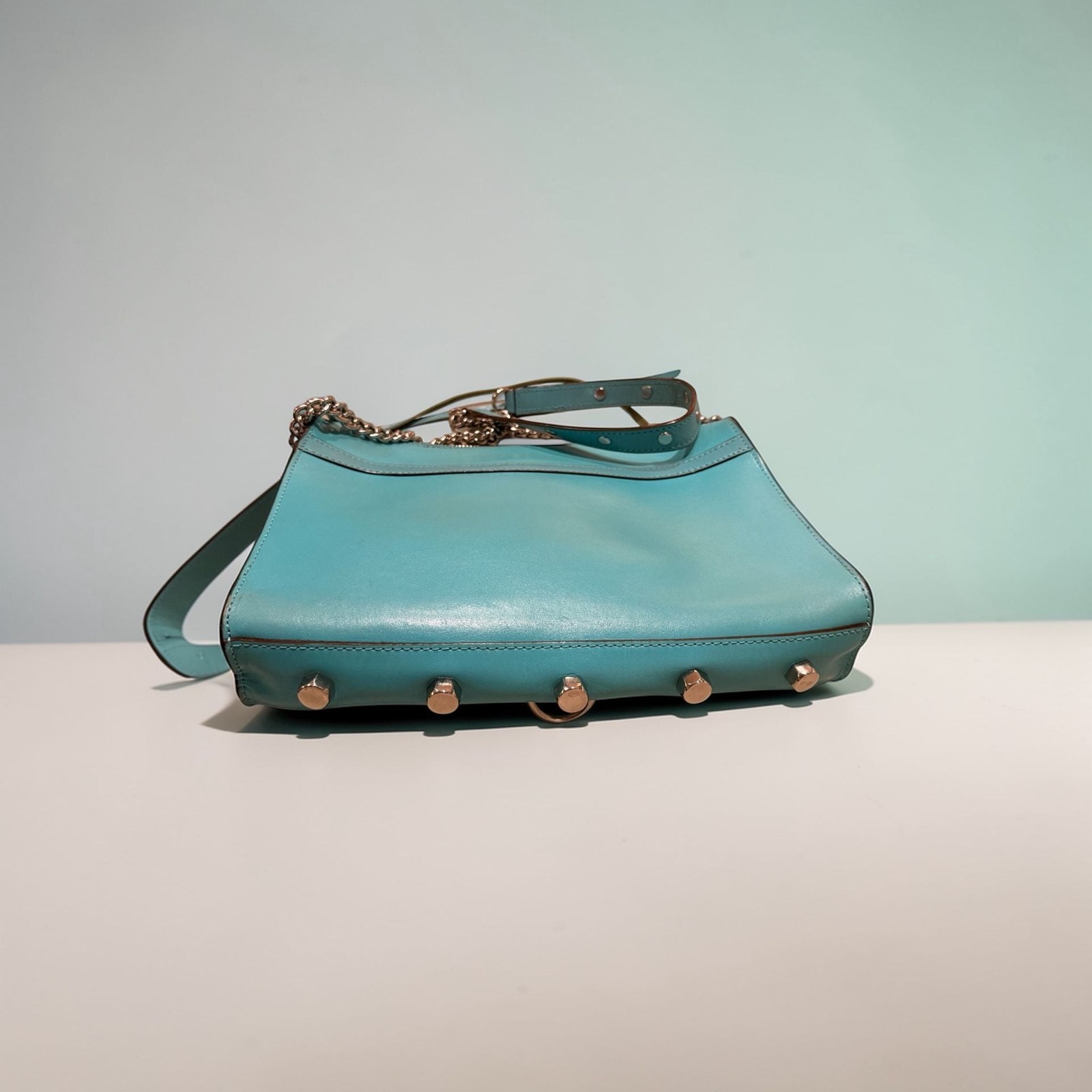 Rebecca Minkoff Perforated MAC Crossbody Bag Teal Blue Leather Chain Strap