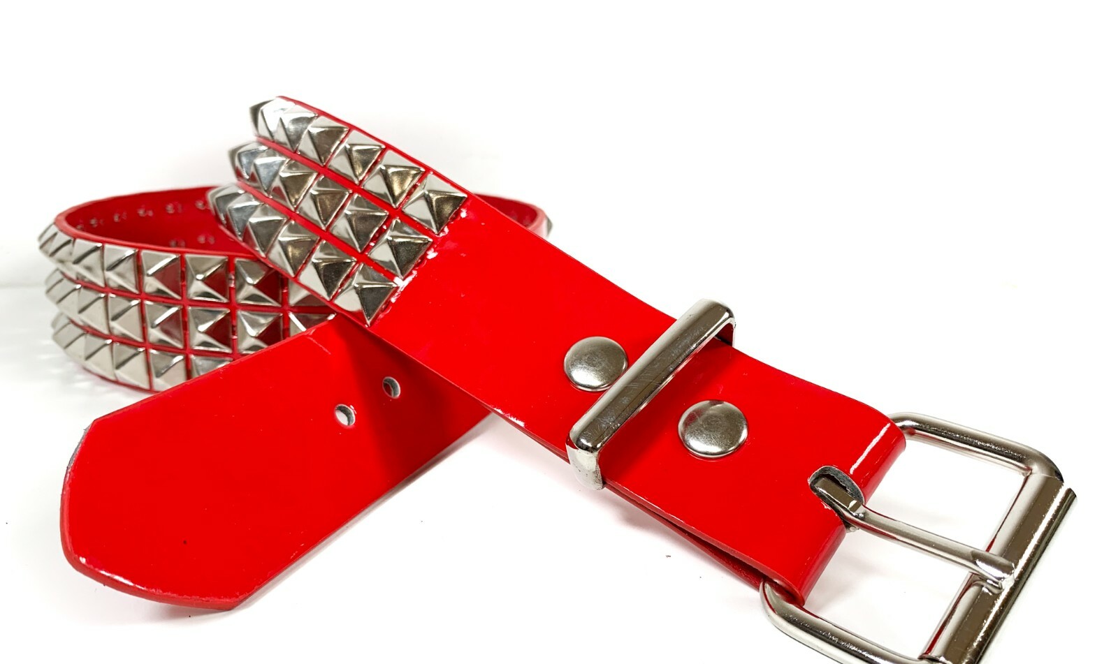 Red Patent Three Row Pyramid Stud Belt Genuine Punk Goth Metal Funk Plus