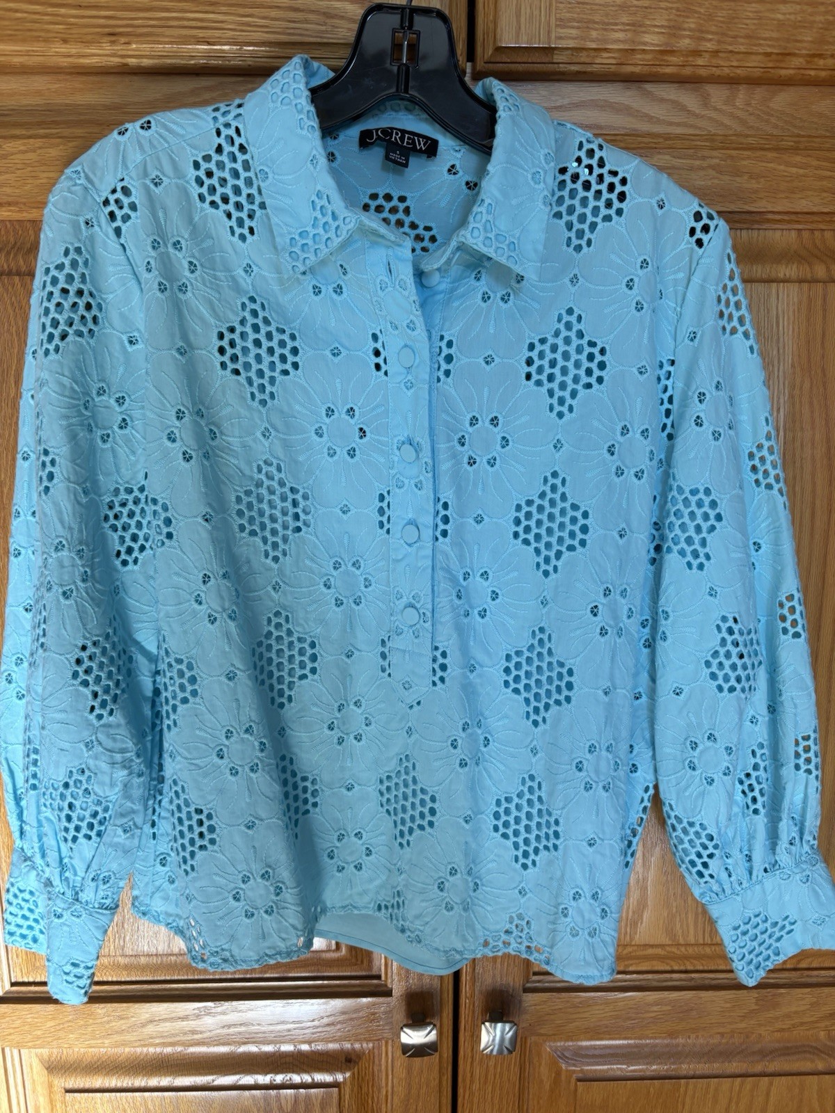 NWT J.Crew Aqua Blue Eyelet Long Sleeve Popover Top Size S Camisol Included