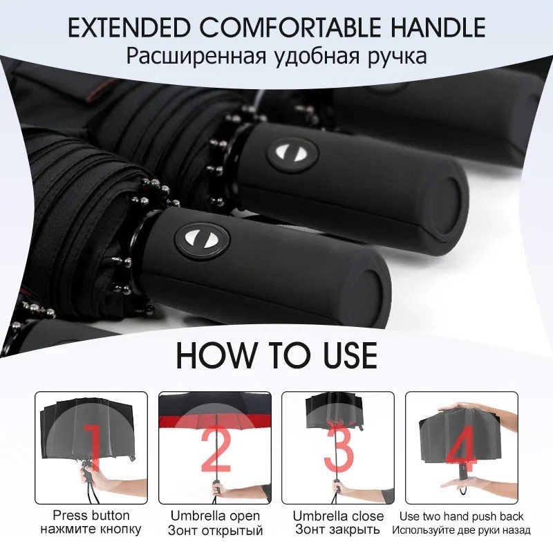 Strong Windproof Stick Compact Umbrella for Rain, One-Click Automatic Open and C