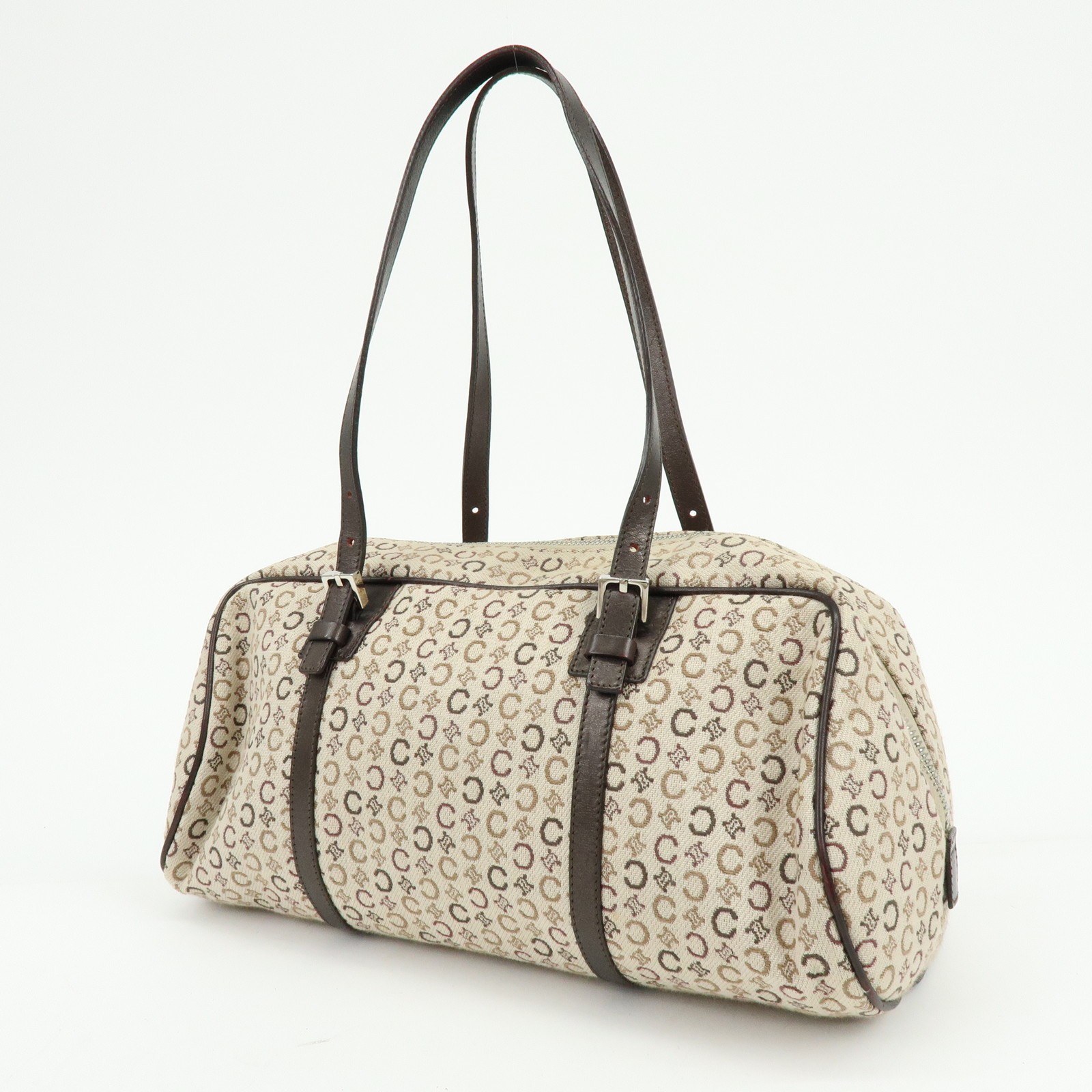 CELINE C Macadam Canvas Leather Hand Bag Boston Bag Beige Brown Auth Used F/S