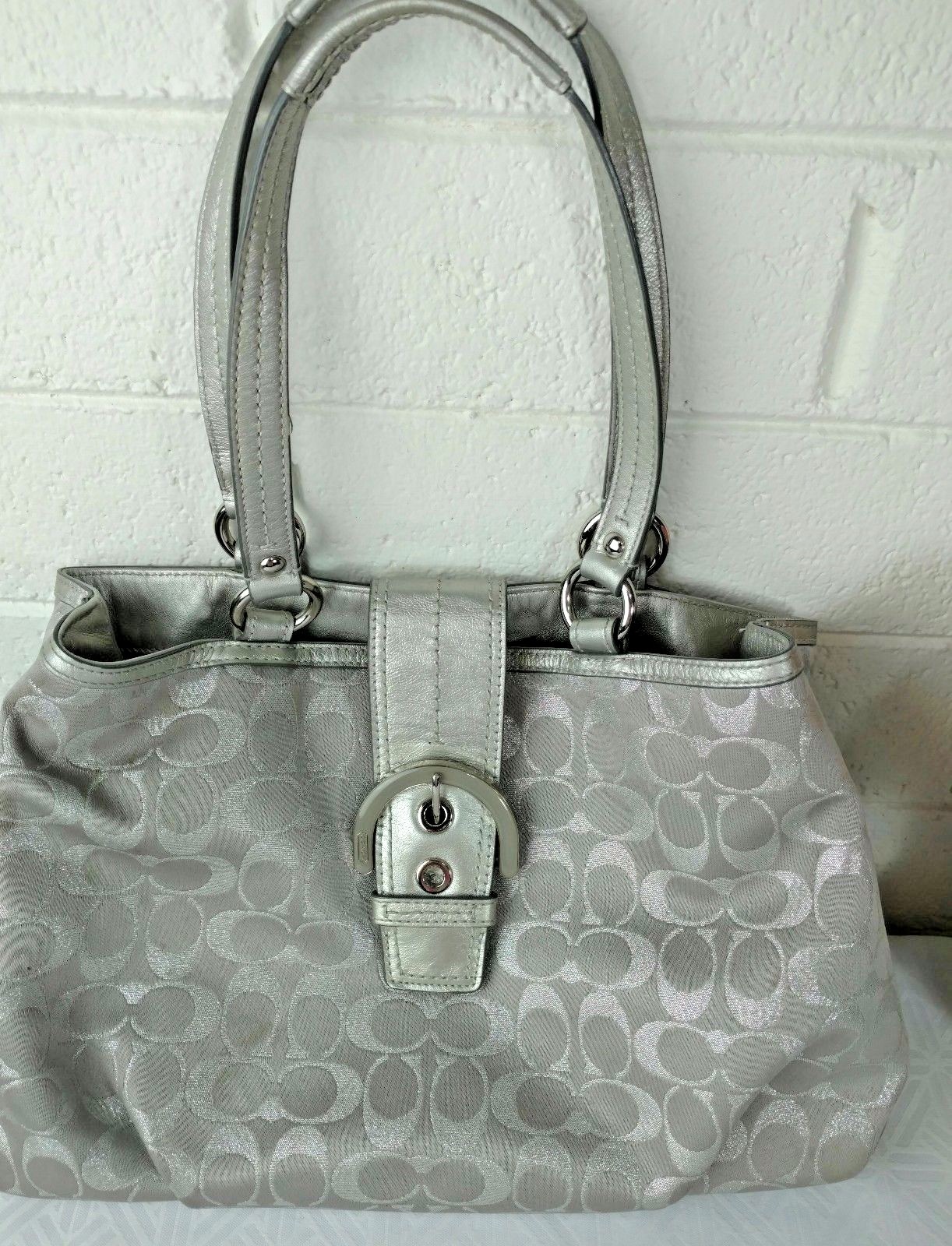 COACH TOTE SILVER SIGNATURE C JACQUARD/ LEATHER No. F18912 SATCHEL HANDBAG