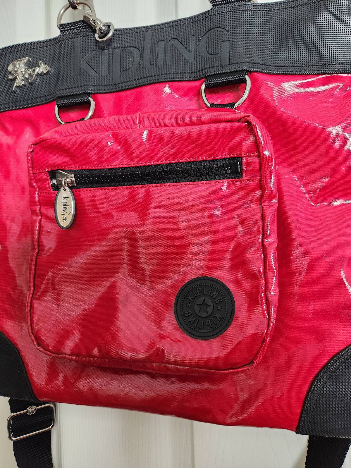 Kipling Fergie Glossy Convertible Crossbody Bag Tote Red and Black, Front Pouch