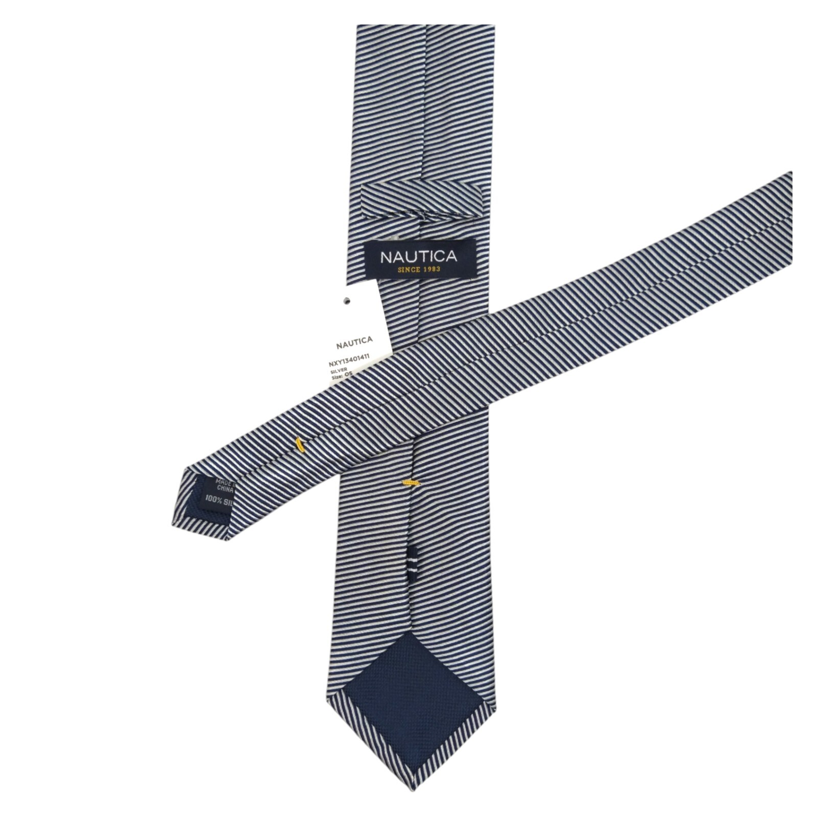 NAUTICA Mens Silk Tie Silver Navy Stripes Woven 2.75 Slim Designer Dress Necktie
