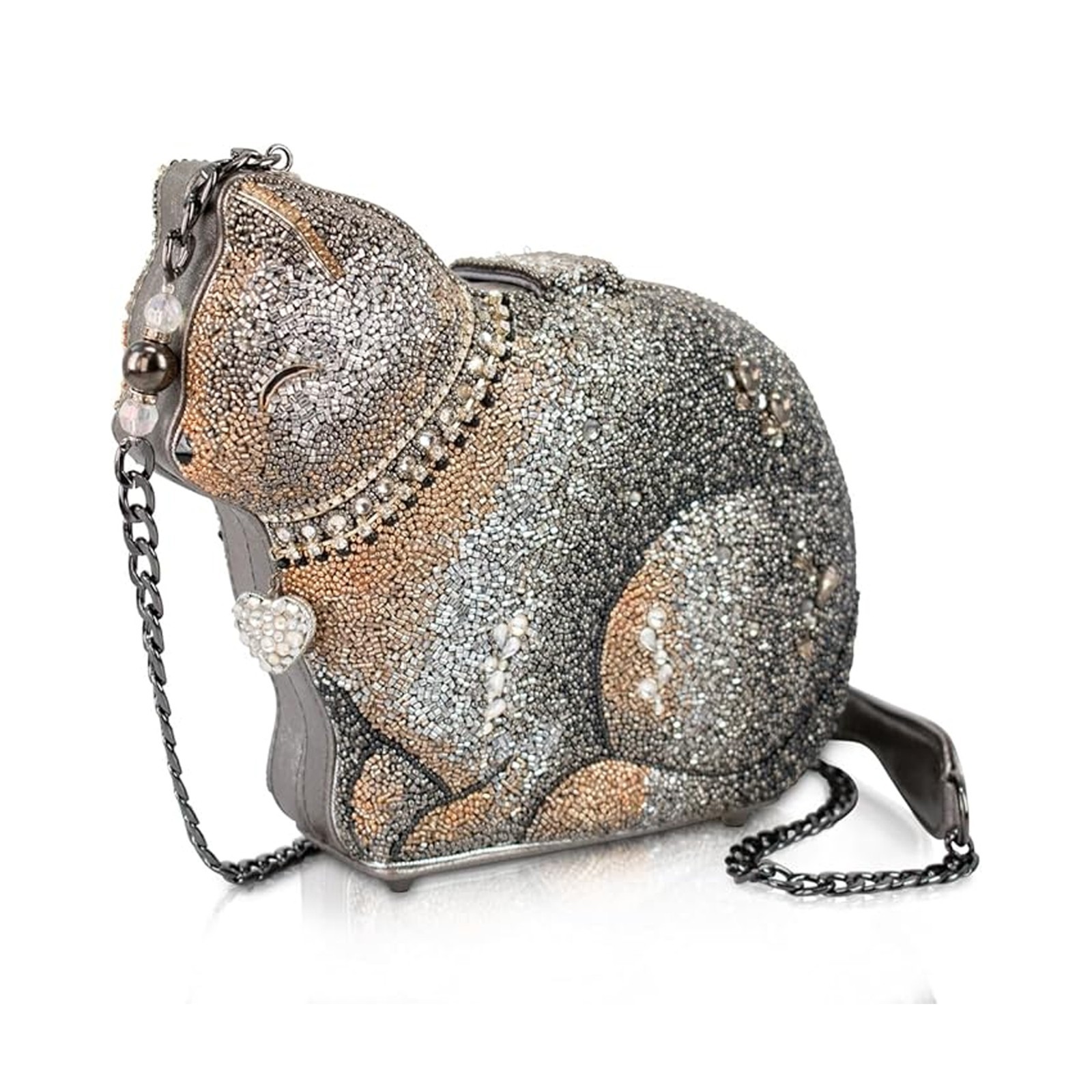 Mary Frances Couture Cat Crossbody Beaded Handbag Kitty Bag Silver Gold Purse NW