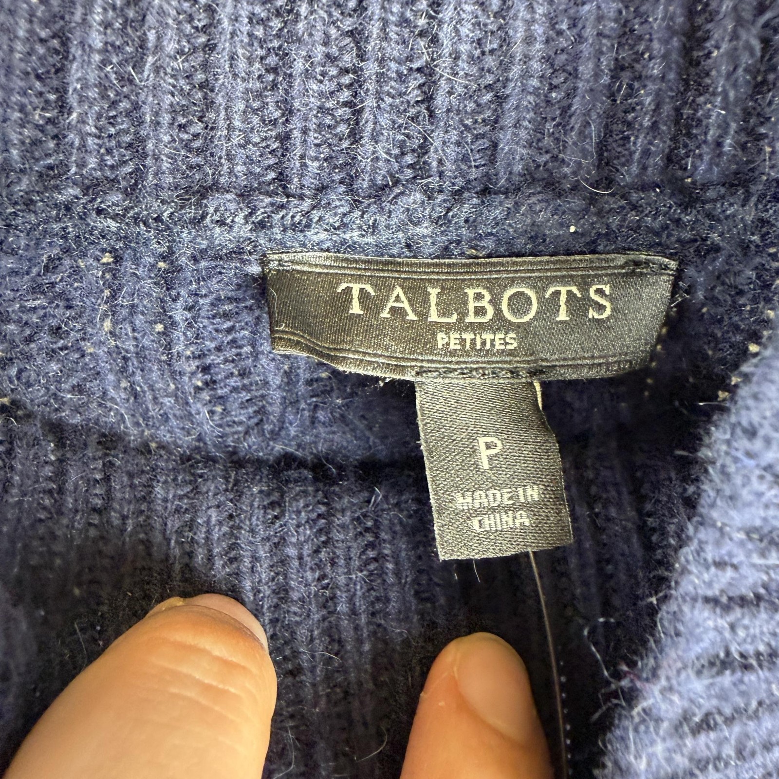 VTG Talbots Sweater Womens Petite P Blue Mock Neck Angora Cable Knit Pullover