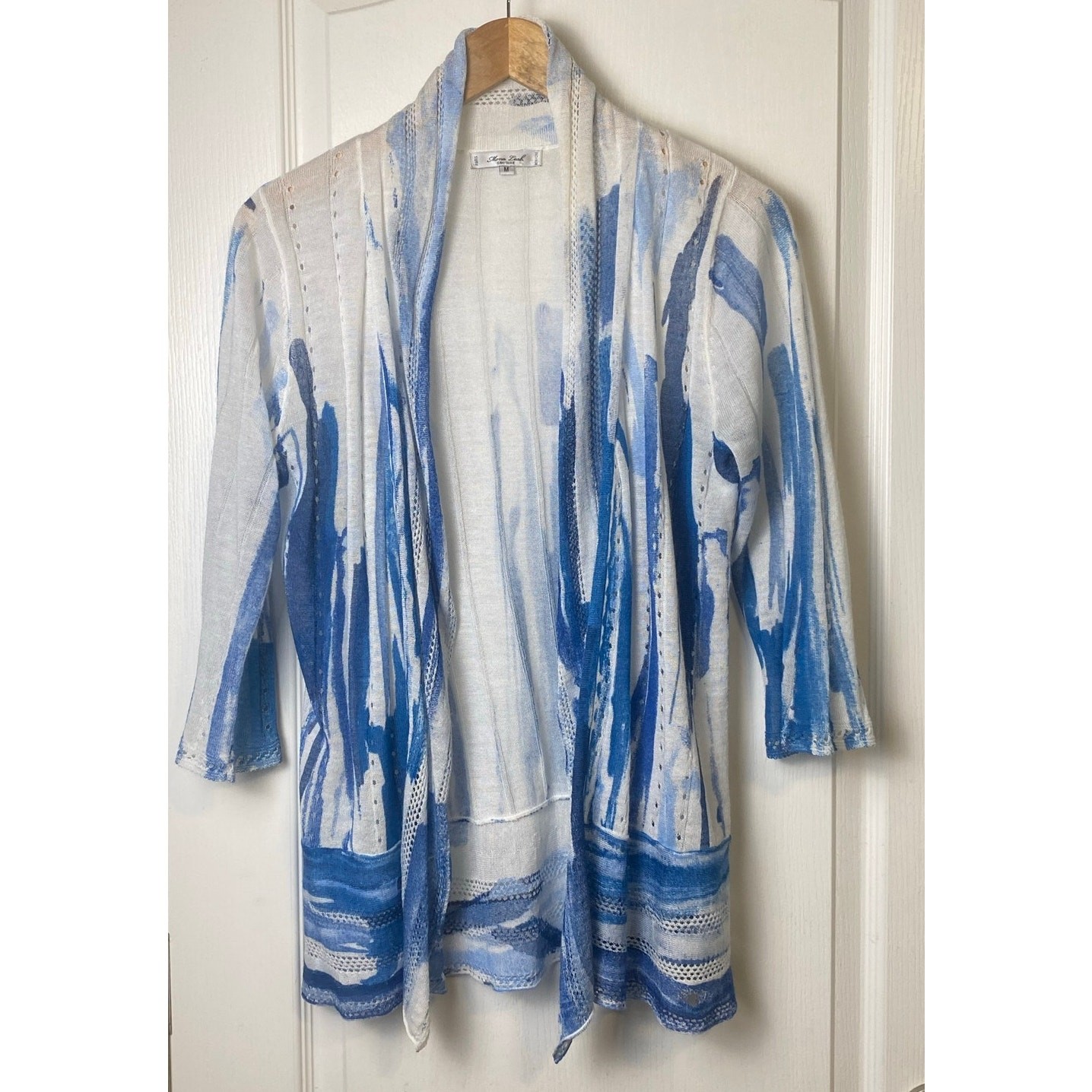 Mona Leah Couture Paris New York White Blue Linen Blend Cardigan Size Medium