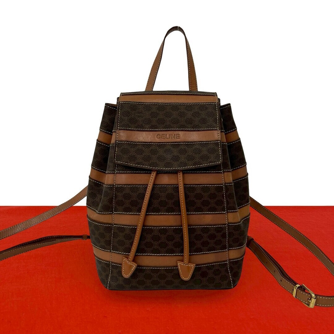 CELINE Macadam Triomphe Logo Leather Drawstring Backpack Brown Vintage MC96