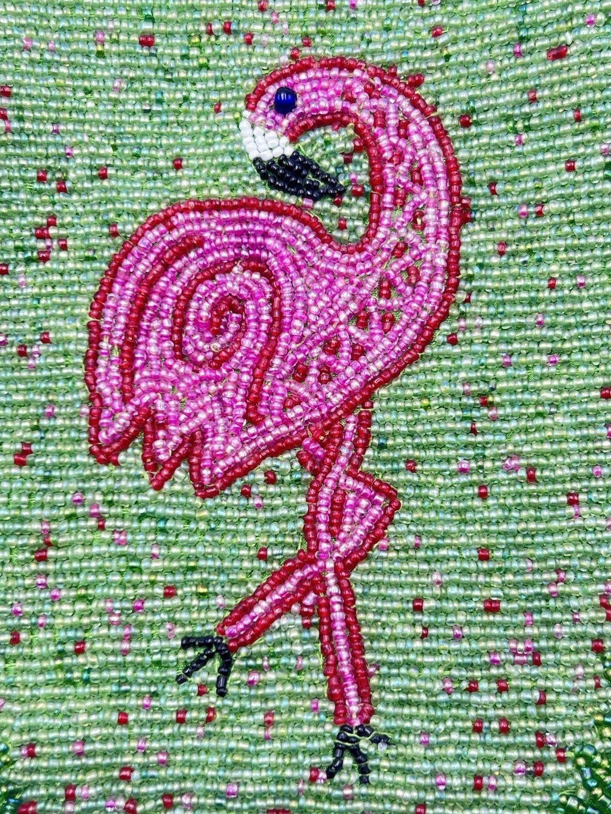 Bamboo Trading Flamingo Beaded Cross Body Handbag Purse Corded Strap Pink Green