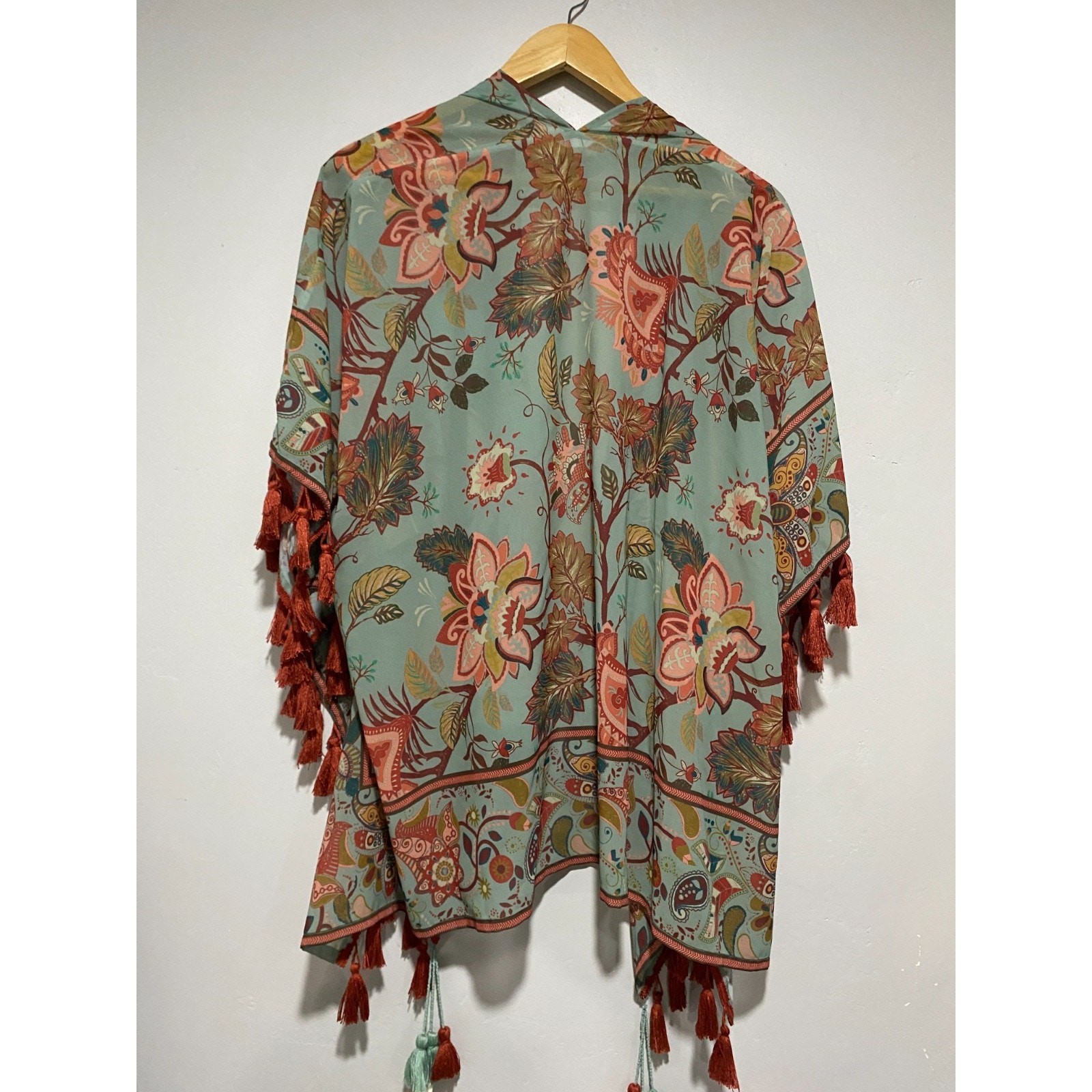 Soft Surroundings Kimono Womens S/M Blue Multi Esme Topper Tassel Boho Floral