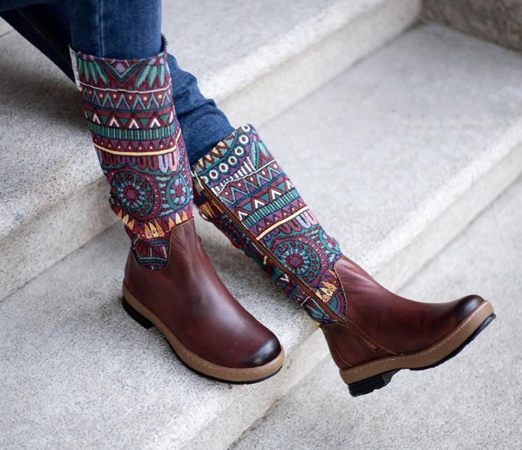 Womens Boho Leather Splicing Knee High Boots Zip Lace Up Shoes Casual Ethnic