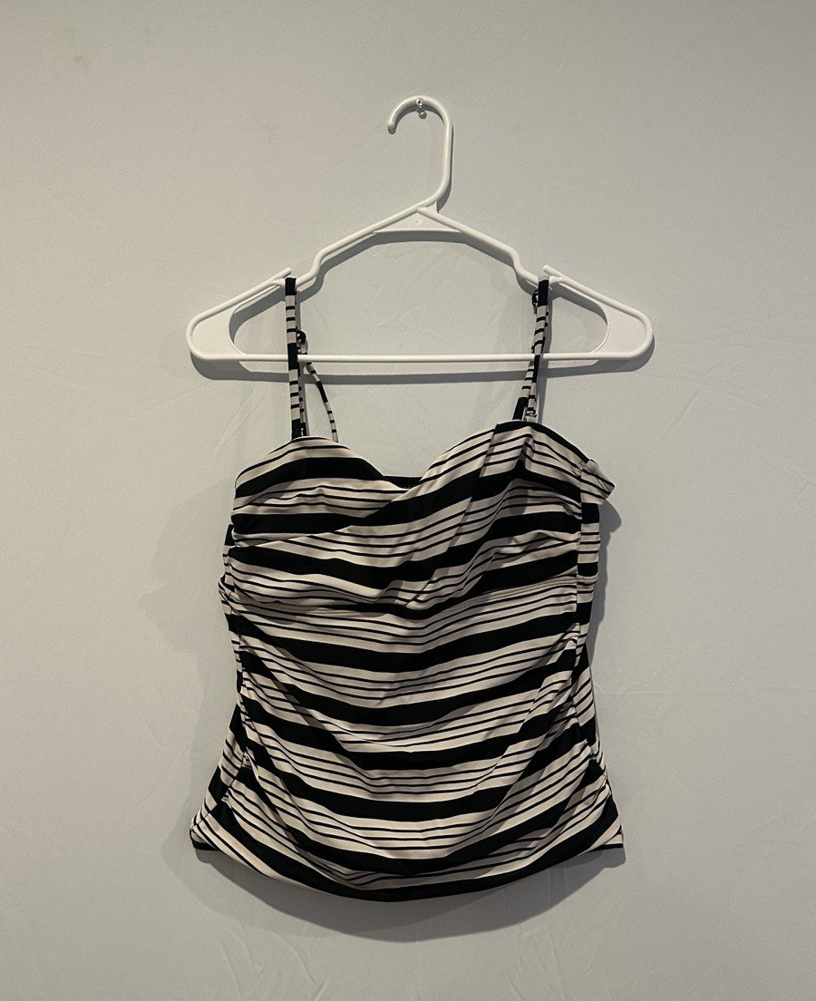 Catalina Women’s Black & White Striped Ruched Tankini Top, Adjustable Strap, L/G