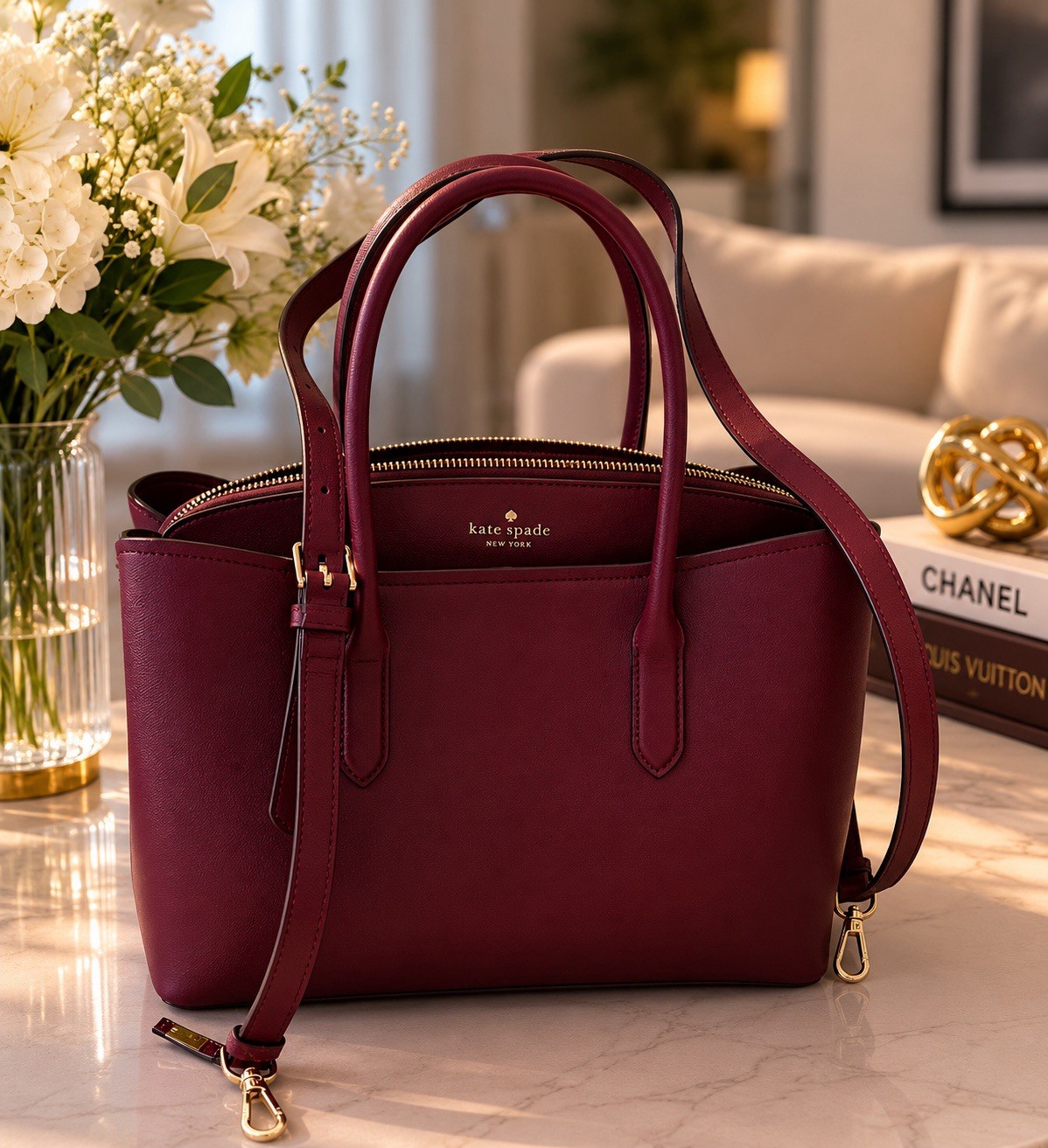Kate Spade New York Burgundy Satchel Top Handle Zip Detachable Strap Gold
