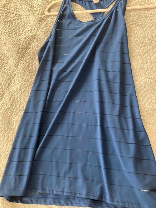 Athleta long racerback tank top, size XLT, dark blue, sheet stripes, exc cond