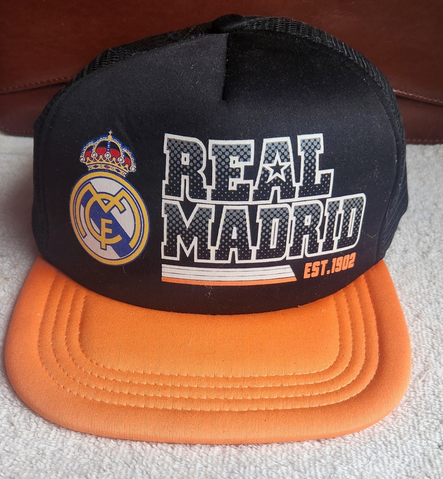 Real Madrid FC Snapback Hat Soccer Cap Orange Black Est. 1902 Spain LaLiga Mesh