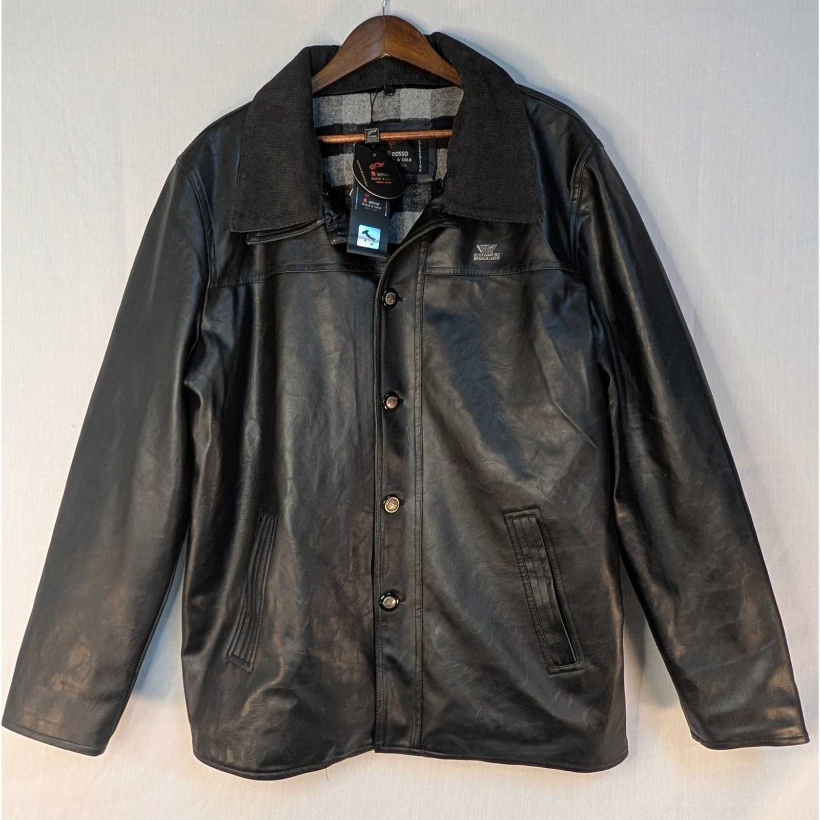 R Rosso Black & Gold Leather Jacket Mens Med. NWT Made In Italy Plaid Lined Coat