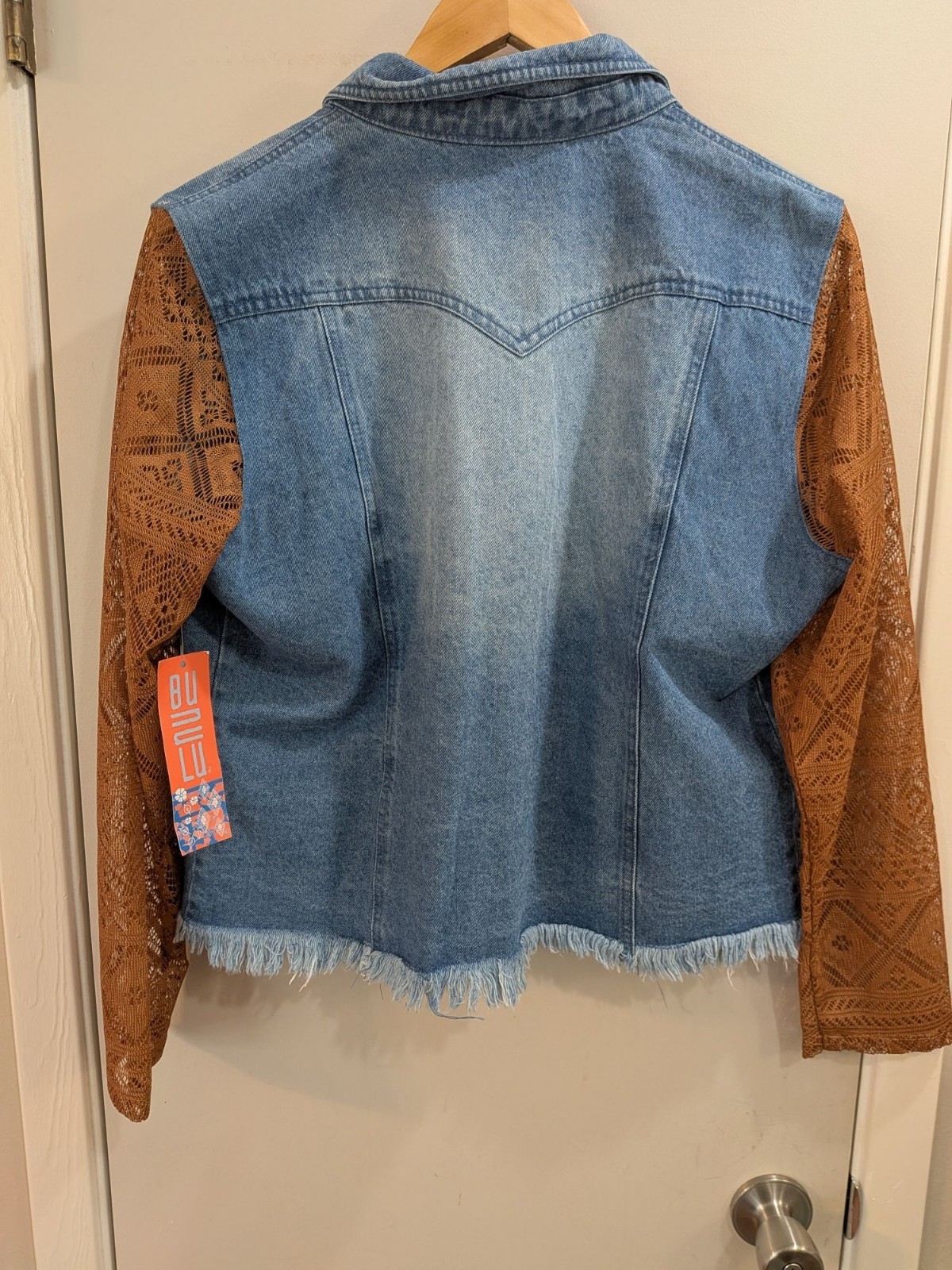 Bunulu Distress Denim Jacket Like Shirt Lace Sleeves Frayed Hem Sz. M New w/Tags