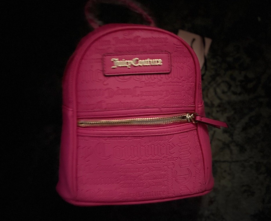 Juicy Couture Pink Logo Embossed Mini Backpack Front Zip Pocket Gold Hardware
