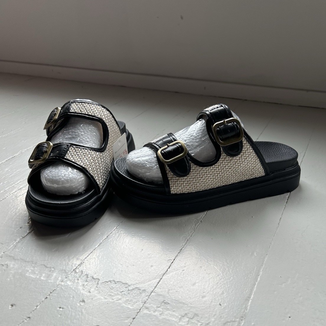 Women’s Double Buckle Adjustable Slide Sandals Cork Upper Beige/Black 7.5