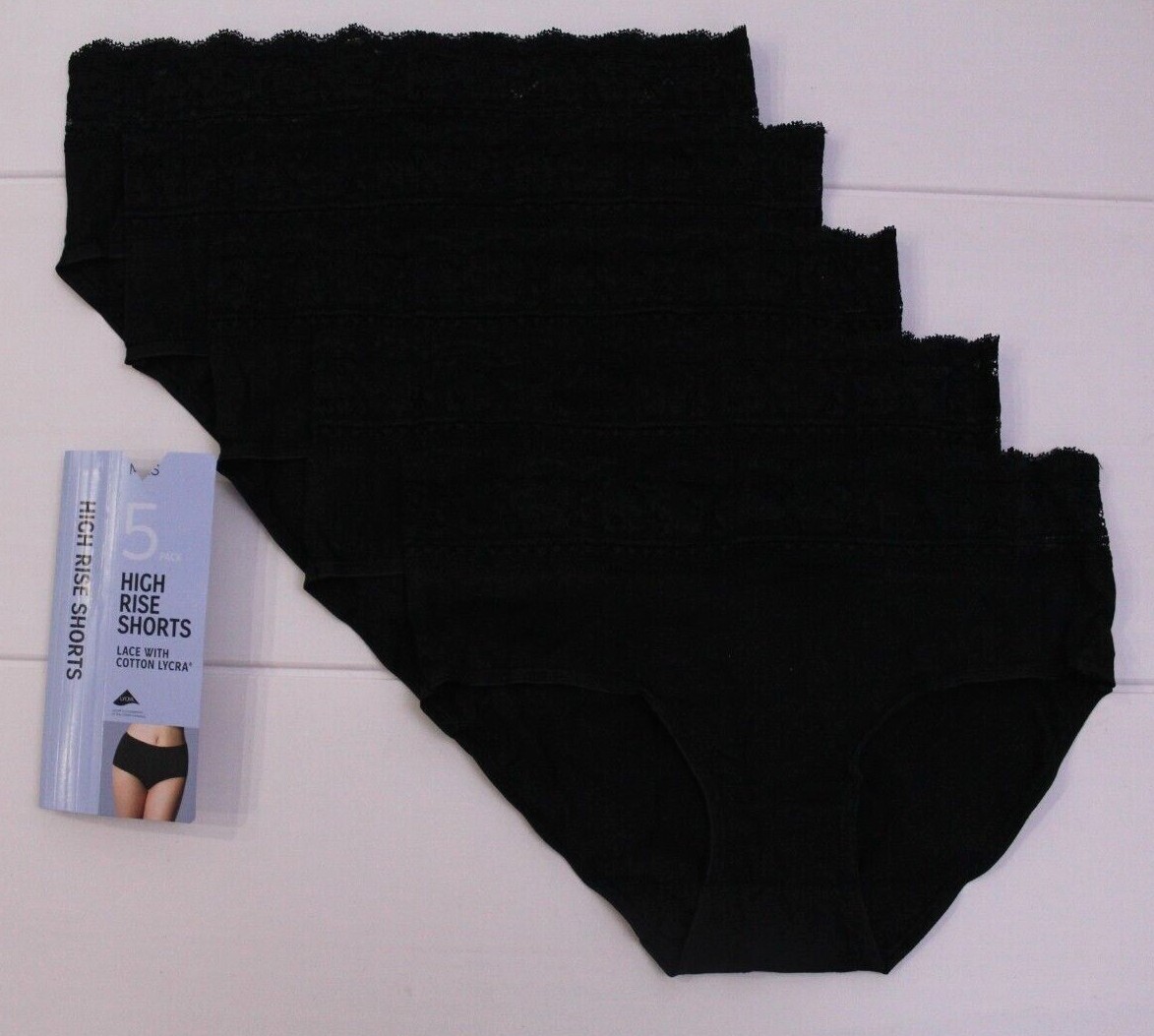 Ex M & S Ladies 5 Pack Cotton Lycra Lace High Rise Shorts Briefs Midis Underwear