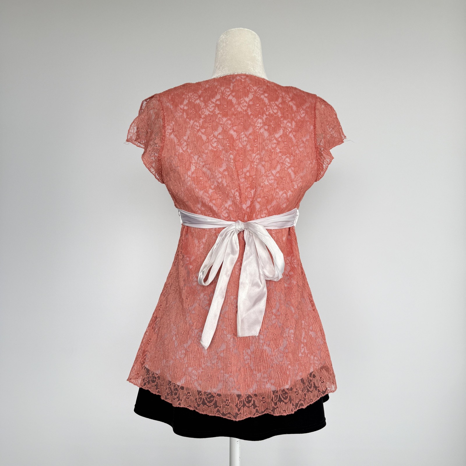 Vanity Tunic Blouse Womens M Pink Lace Square Neck Belted Flutter Sleeve Top