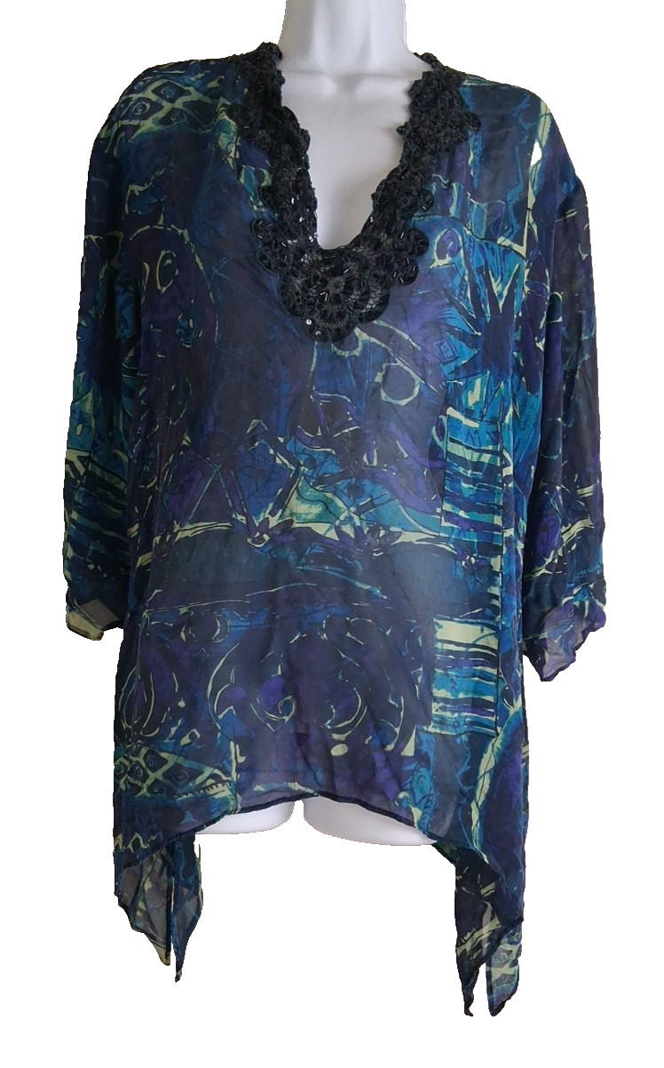 Chicos Women’s Crochet Beaded Rim Neck Blue semi Sheer Tunic Size 2