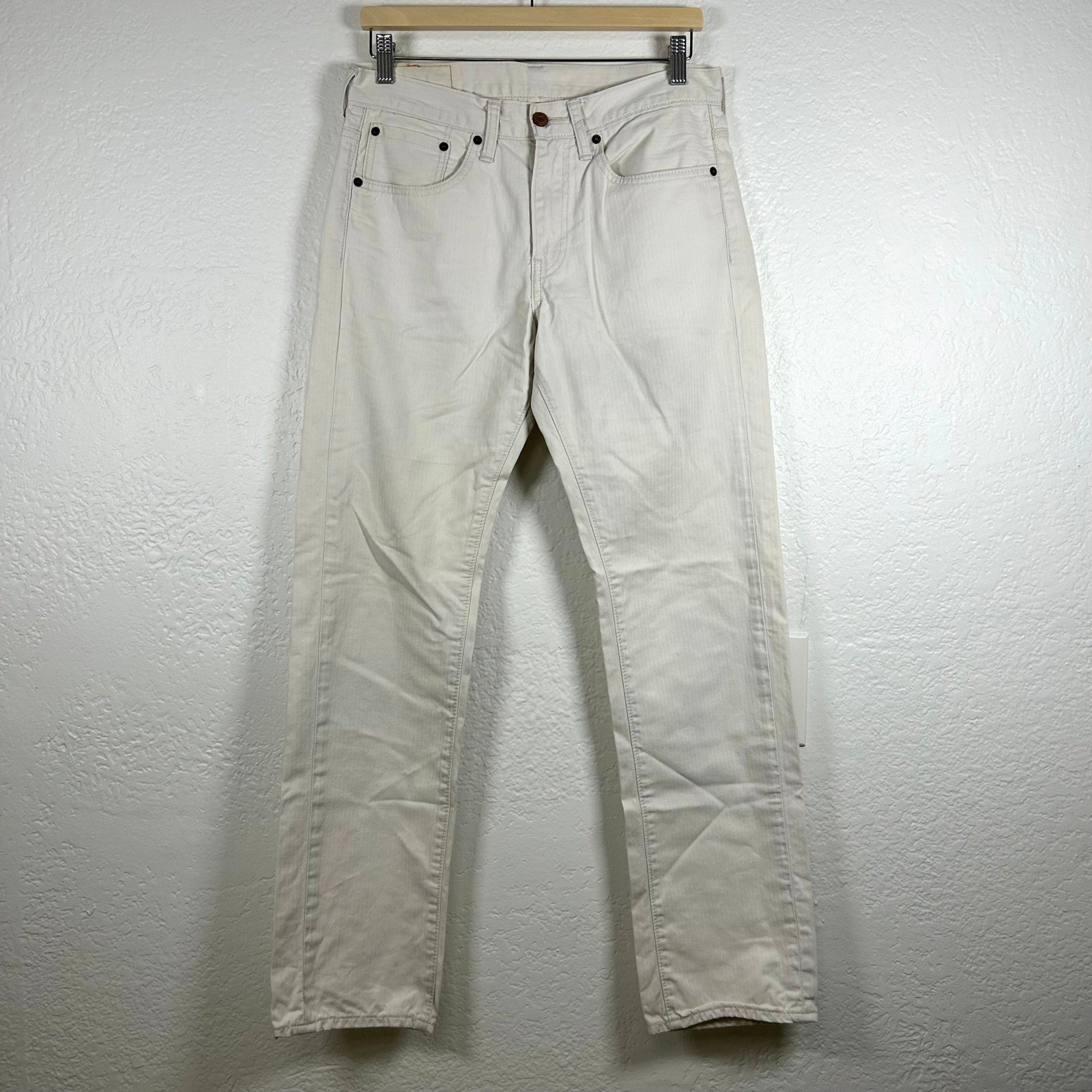 Levi’s 513 Slim Straight Pants Cream Herringbone Textured Cotton Size 31×32