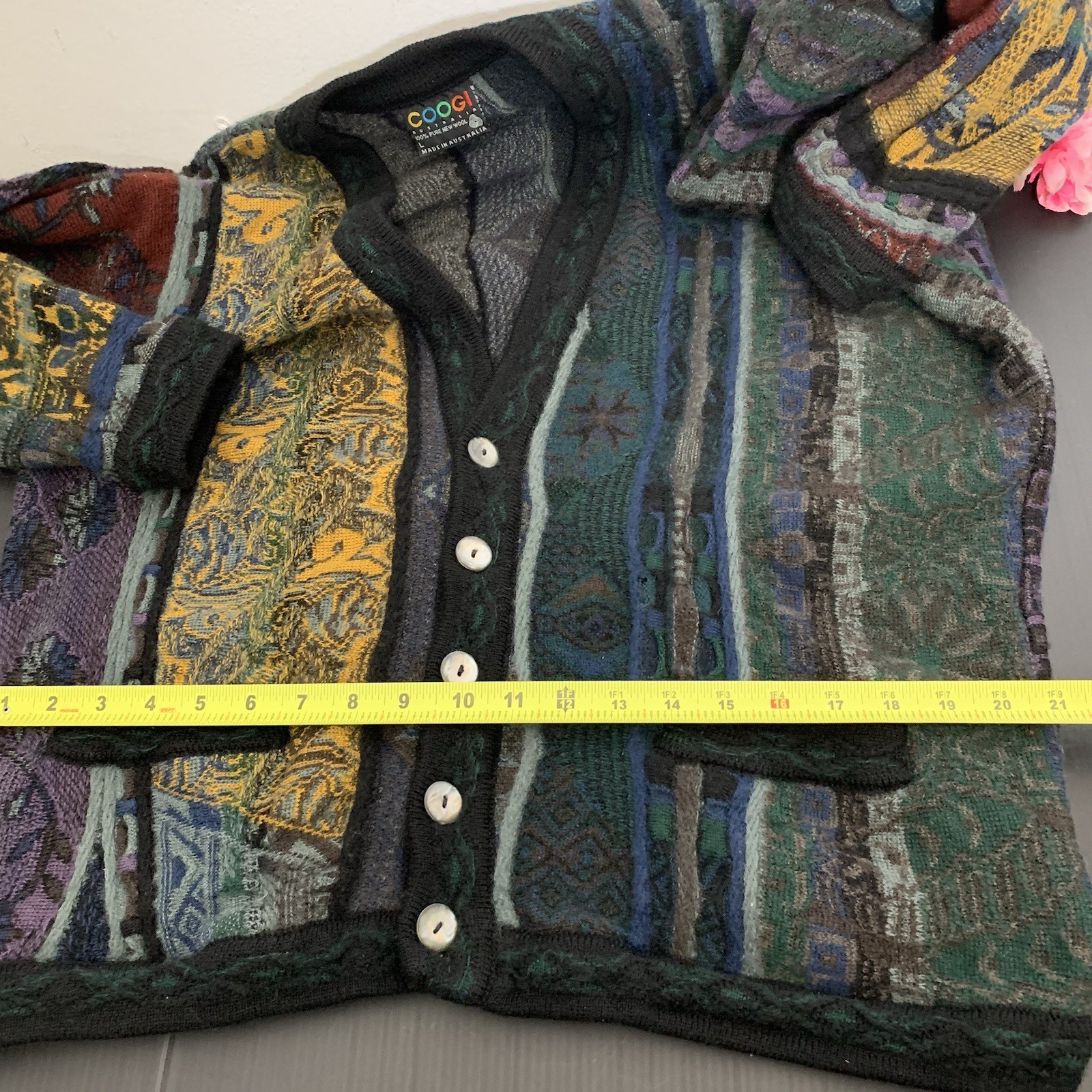 GOOGI – Men’s Pure New Wool Multicolor 3D Knitted Cardigan Sweater – Size: L